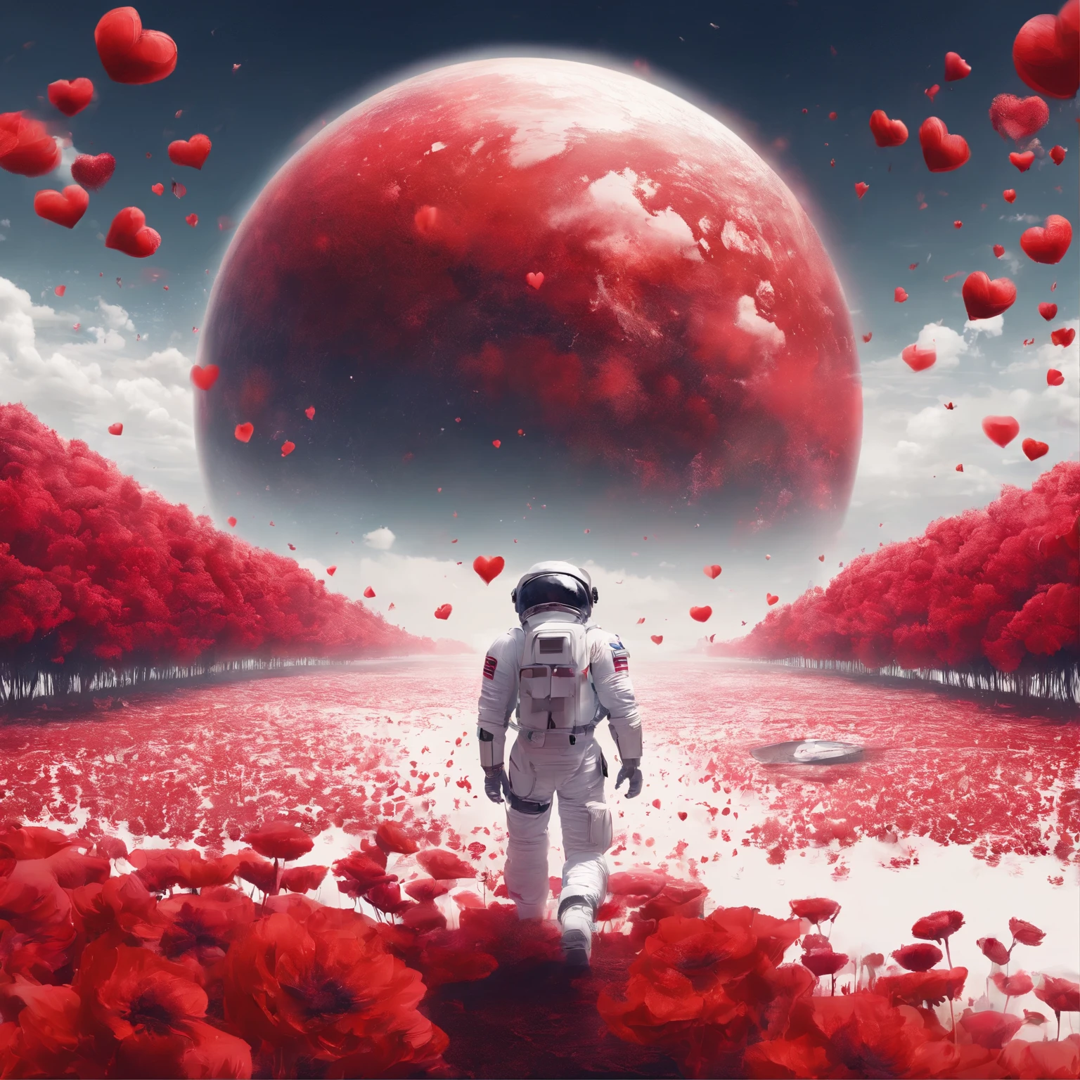 create a digital matte painting of a huge field of red flowers in the shape of red hearts, a male astronaut in a white space uniform is walking in the center of the vast field of flowers and looks directly at planet earth in the sky, the vision of a earth planet is beautiful and detailed, add in the background of the matte painting. highlight planet earth in the painting.