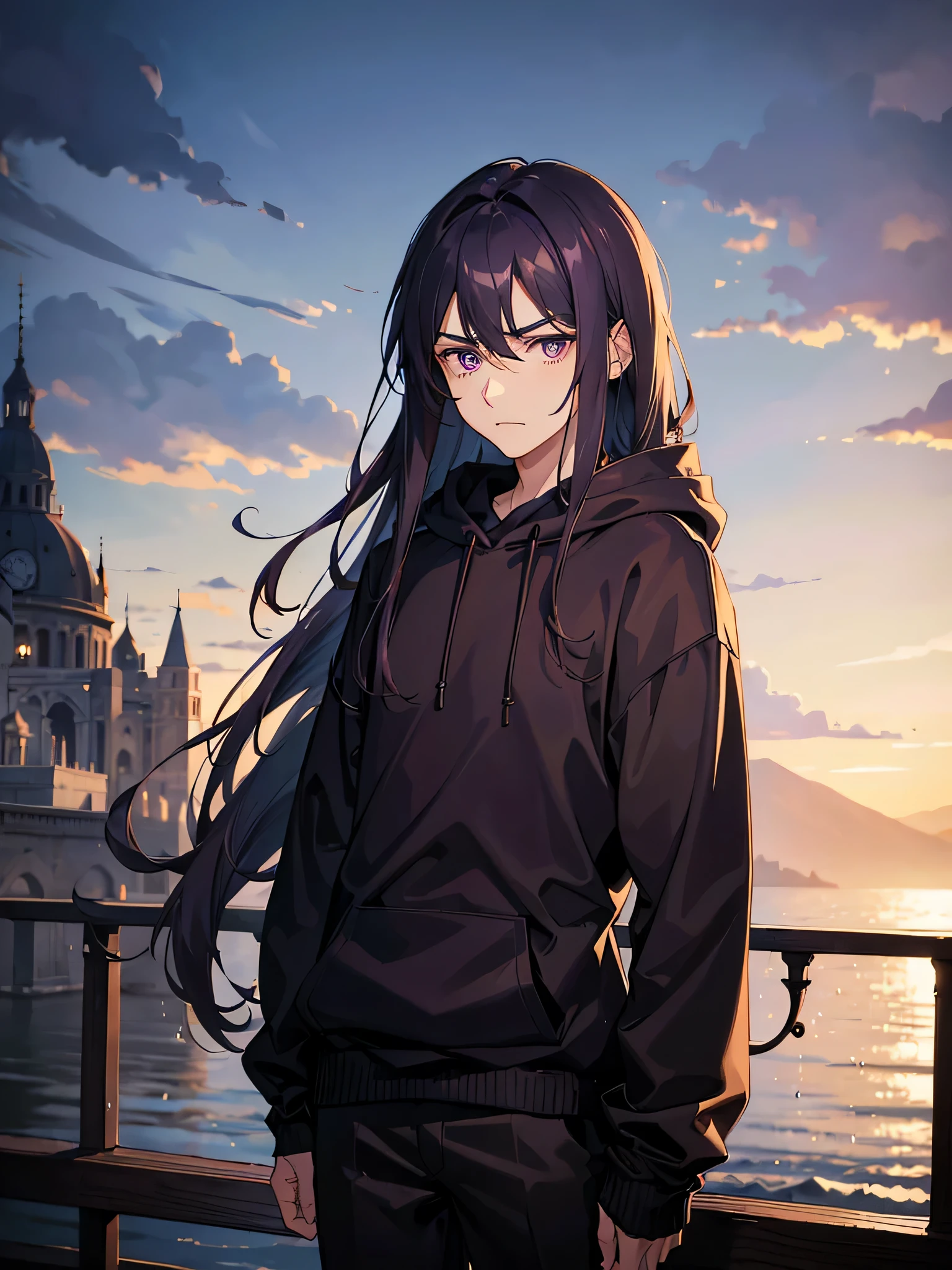 ((best quality)), ((masterpiece)), (detailed), male face, 1guy, tall, long dark wine hair, deep purple pupils, wearing dark greyish purple hoodie, wearing black pants, concerned face expression, closed mouth, tired, raining, on a bridge, 8K, looking sideways