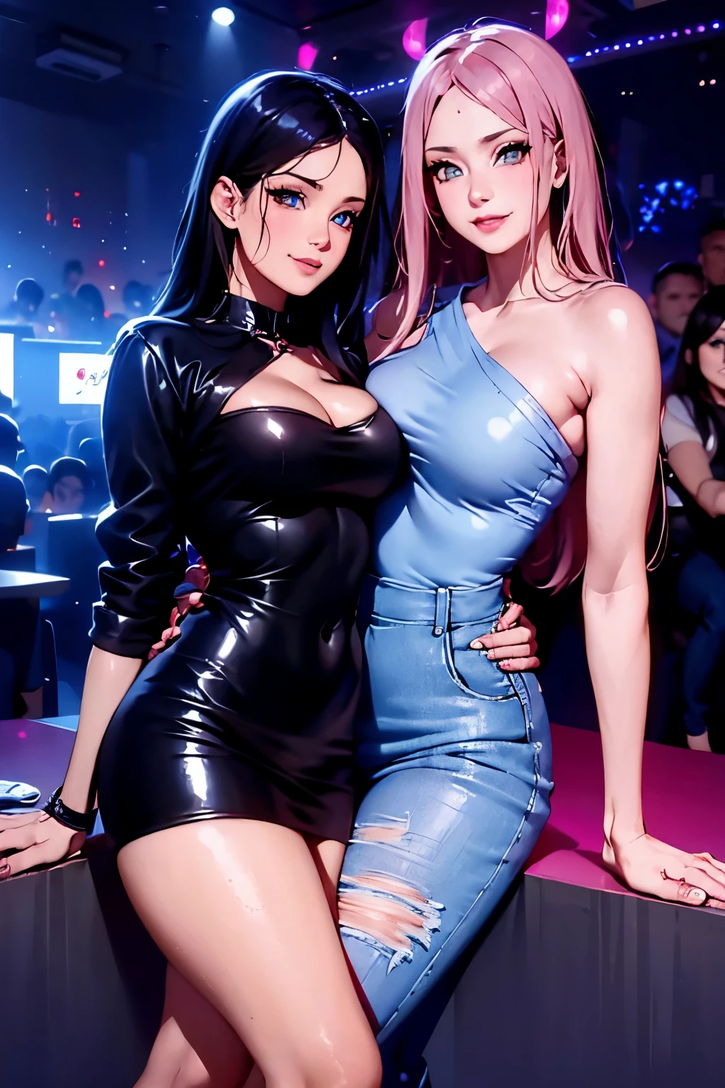 two women dancing and touching each other, uma tem cabelos rosas e olhos verdes, wears dark pants and a leather jacket, a outra tem longos cabelos pretos e olhos brancos, veste um vestido apertado, the two are in a nightclub dancing, elas sao sexys e apaixonadas, the blue and red lights of the dark nightclub are the only thing in the background, sombra de pessoas longe, but the focus is on them and their sensual dance, the one in pink wears pants and a leather jacket.