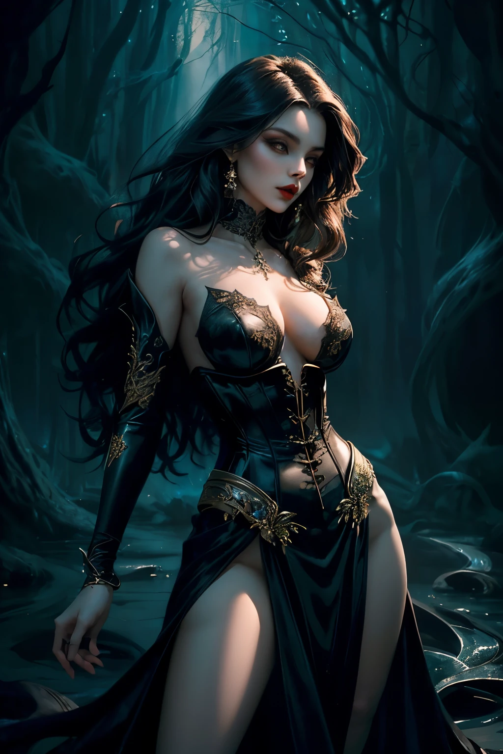 (Beautiful painting of a perfect female vampire), Slender figure with an hourglass shape, Large breasts accentuated by a shapeless, flowing, black velvet vampire corset, (Exquisitely detailed and intricately designed), Ethereal and alluring, Near-perfection in form, Dynamic and captivating pose, Abstract and surreal beauty, Pure and timeless, (Adorned with exquisite accessories and bold makeup), (Striking deep-set eyes and perfectly sculpted features), (Long, wavy hair cascading down her back), (Abstract and ethereal background with deep dark shadows), (Strong cinematic lighting from multiple angles -