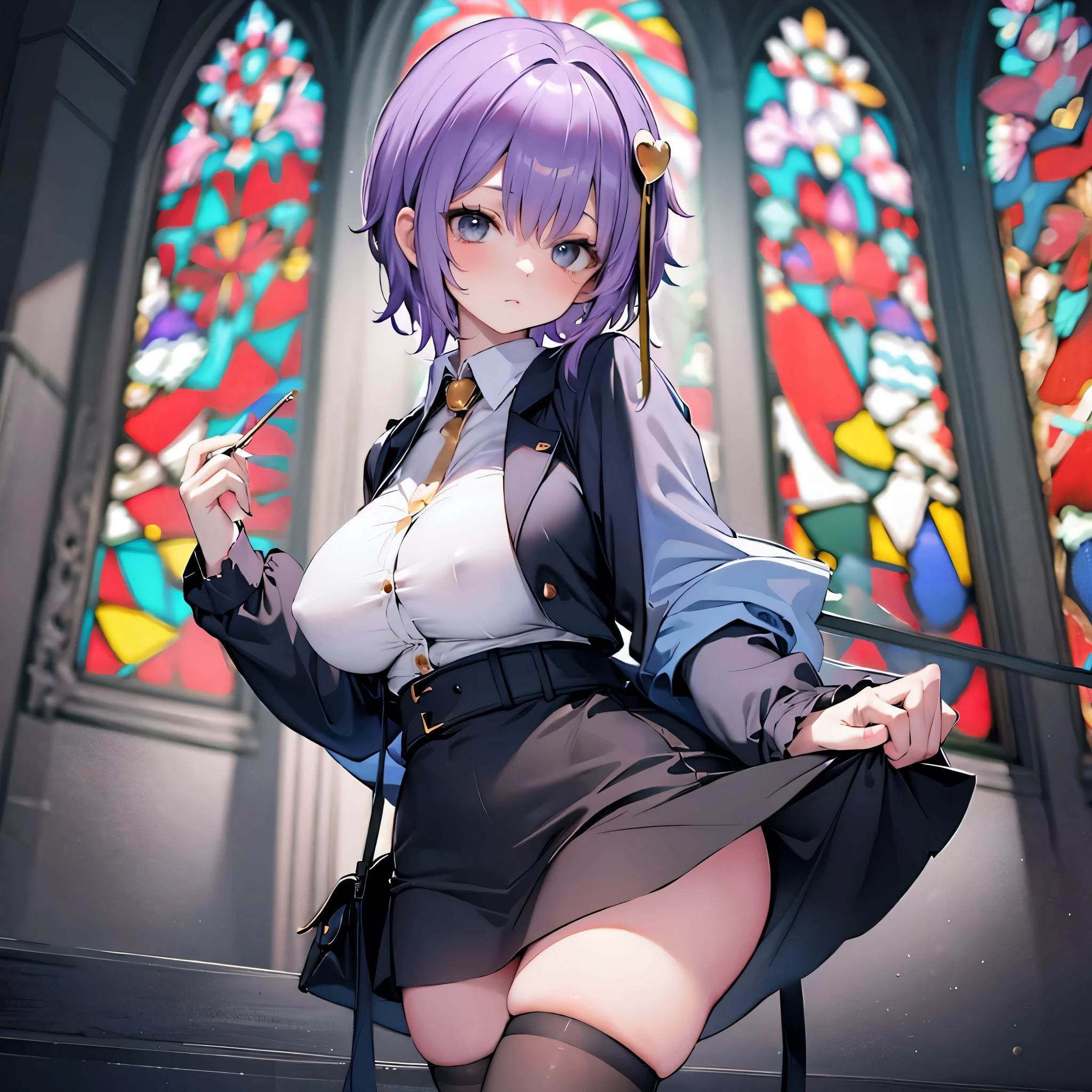 Satori toho character, (solo), (standing), (stained glass), BREAK, short hair, (huge perky breasts), bursting breasts, (inconceivably thin waist), very long legs, BREAK, (black blazer:1.2), (black thighhighs:1.2), (very short black miniskirt:1.2), highheels, military, BREAK, nose blush, BREAK, masterpiece, ultra-detailed