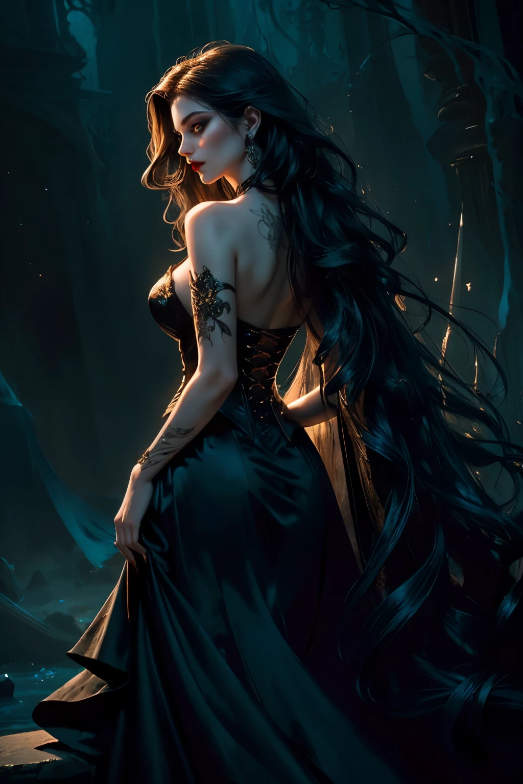 (Beautiful painting of a perfect female vampire), Slender figure with an hourglass shape, Large breasts accentuated by a shapeless, flowing, black velvet vampire corset, (Exquisitely detailed and intricately designed), Ethereal and alluring, Near-perfection in form, Dynamic and captivating pose, Abstract and surreal beauty, Pure and timeless, (Adorned with exquisite accessories and bold makeup), (Striking deep-set eyes and perfectly sculpted features), (Long, wavy hair cascading down her back), (Abstract and ethereal background with deep dark shadows), (Strong cinematic lighting from multiple angles -