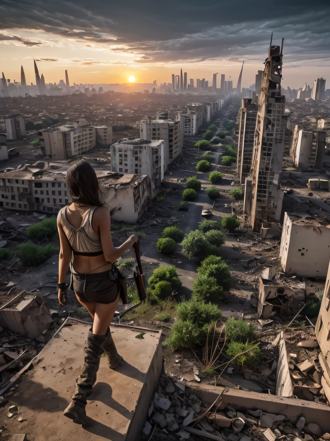 Post-apocalyptic city in ruins, vegetation taking over the buildings, Apocalipse, lots of smoke around, entardecer, sunset, Escuro, penumbra, dark sky, tem uma linda garota com roupas rasgadas andando em uma rua ao longe, garota em tamanho proporcional a imagem,
