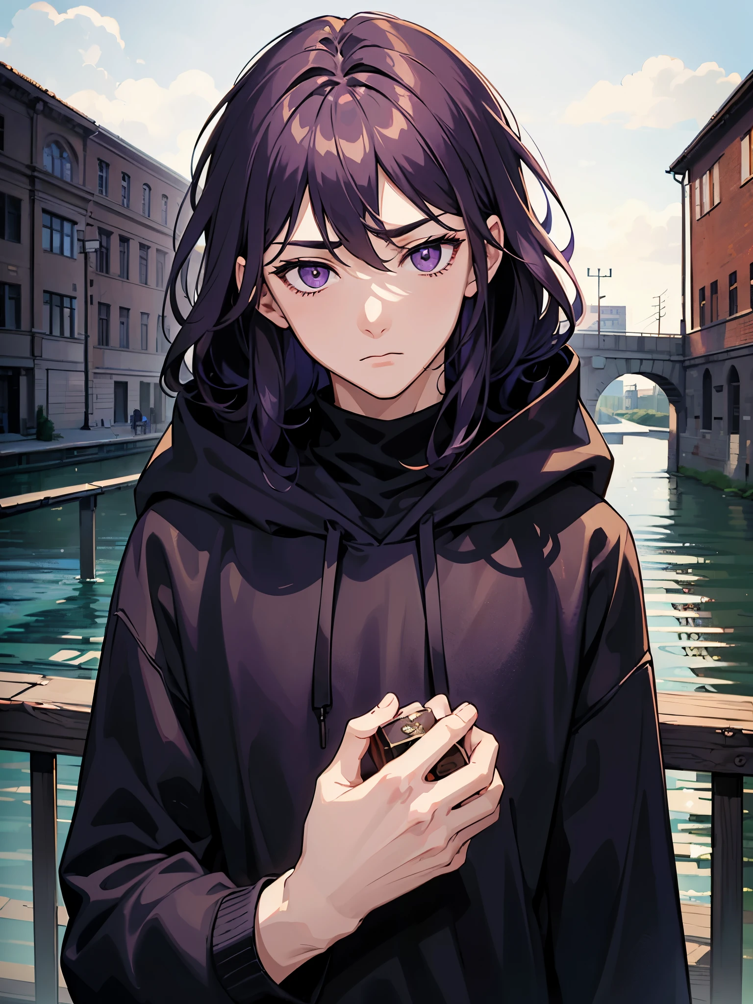 ((best quality)), ((masterpiece)), (detailed), male face, 1guy, tall, long dark wine hair, purple eyes, good eyes, wearing dark greyish purple hoodie, wearing black pants, concerned face expression, closed mouth, tired, raining, on a bridge, 8K, looking sideways