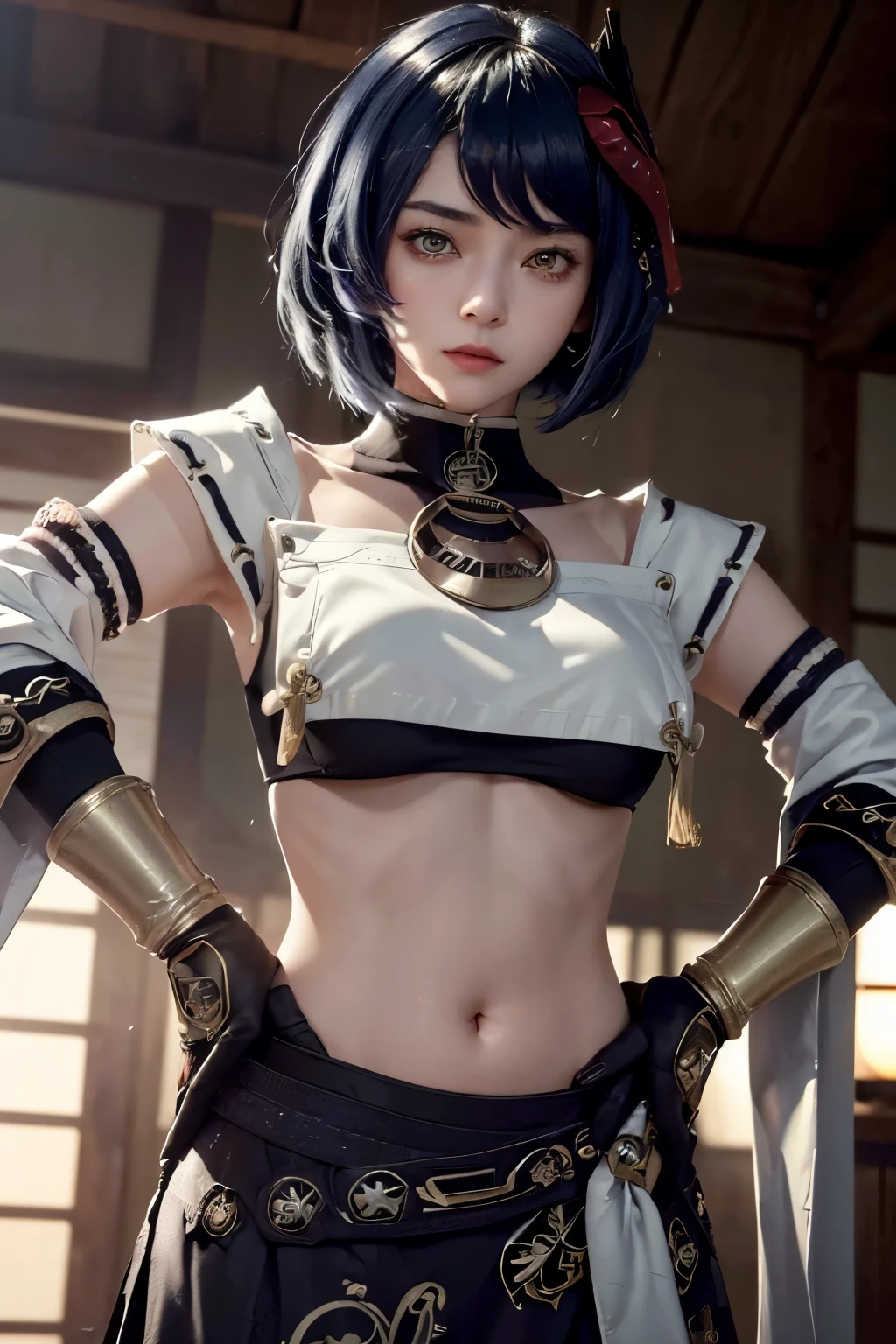 1girl, ((midriff, navel)), looking at viewer, japanese dojo, (cinematic lighting, best quality, masterpiece, hand on hips, high skin details, best quality, highres, HD, 4K, 8k, super detail), (kujou sara:1.3), mask on head, blue hair, short hair, yellow eyes, tassel, gloves