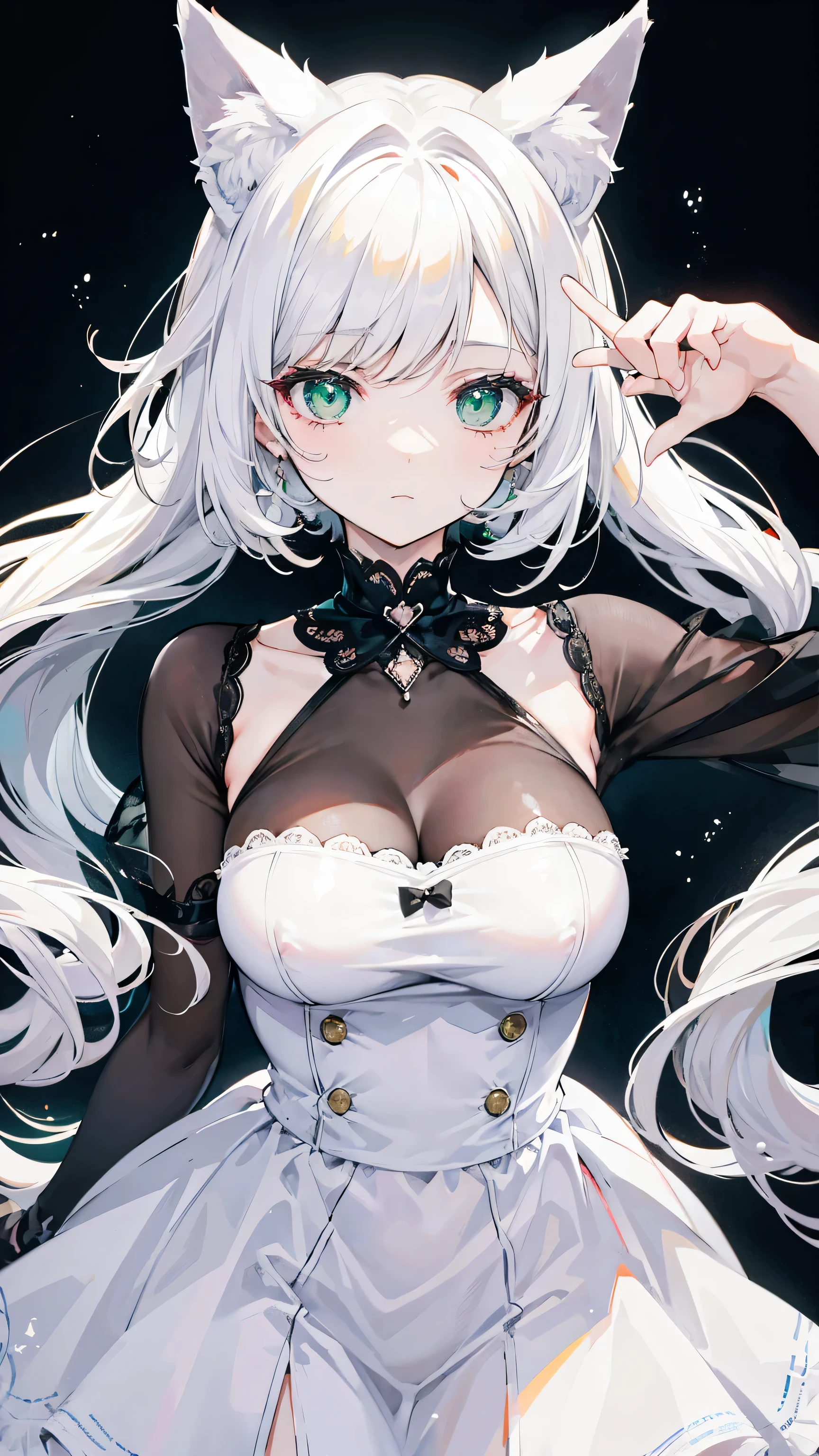 1woman, 1woman cat ears, mirando al espectador, pechos medianos, manos en las tetas, pelo color blanco, pelo corto, por el blanco, ojos verde