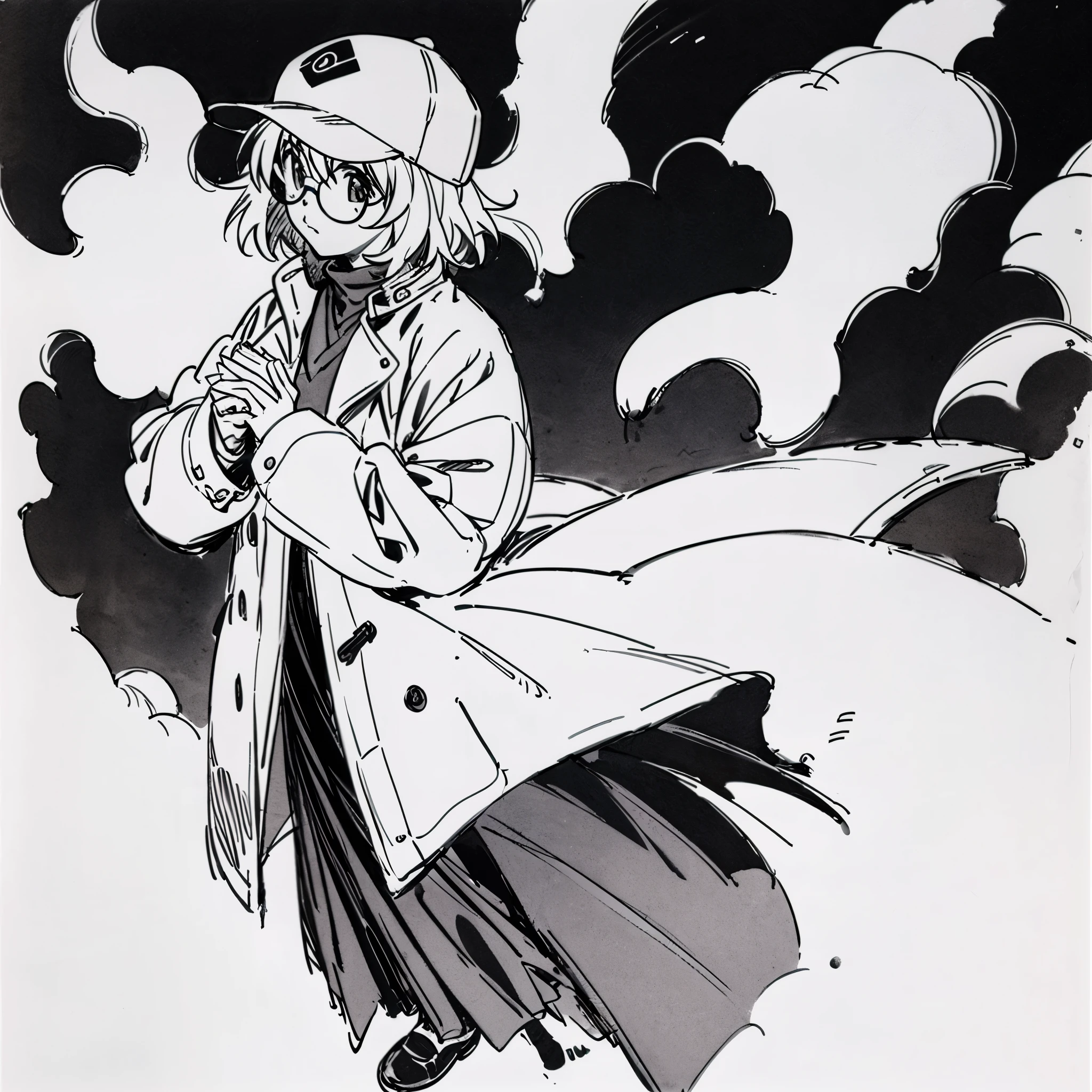 Mirai Kuriyama wearing a coat and a cap hiding her face with her hands, ((empty background)), winter, VHS, vintage, red glasses, manga style, white background, ((monochrome)), far away shot, (sketch), long sleeves, 1girl, looking up, casual clothes, full body