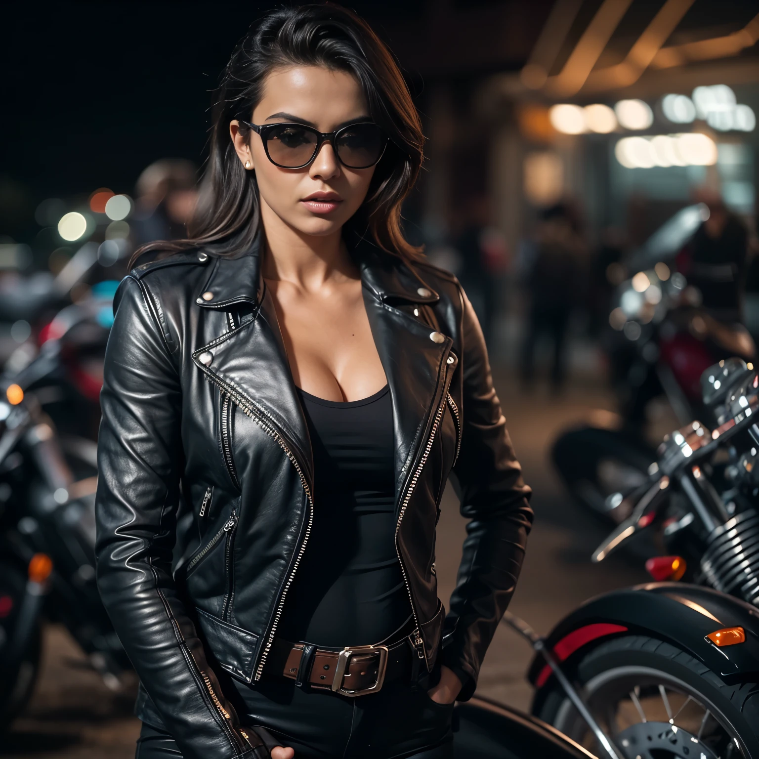 An ultra hot gorgeous European biker womanin leather clothing, brunette with black power style hair, Rayban style glasses, open leather jacket showing her beautiful cleavage, huge breasts, facing the camera, beside the motorcycle, looking at the camera, sexy style, located on a motorcycle club meeting at night