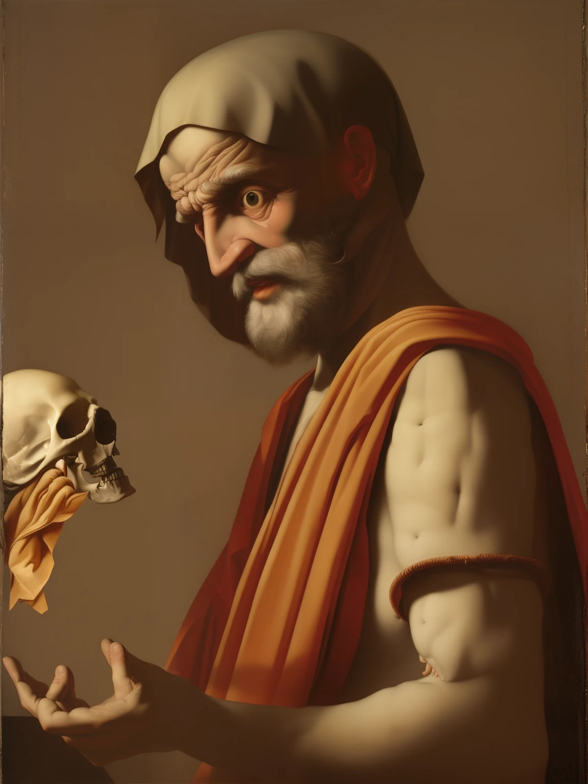 Oracle and doctor holding a skull, Giovanni Baglione, baroque painting, Chiaroscuro, dark atmosphere and mood