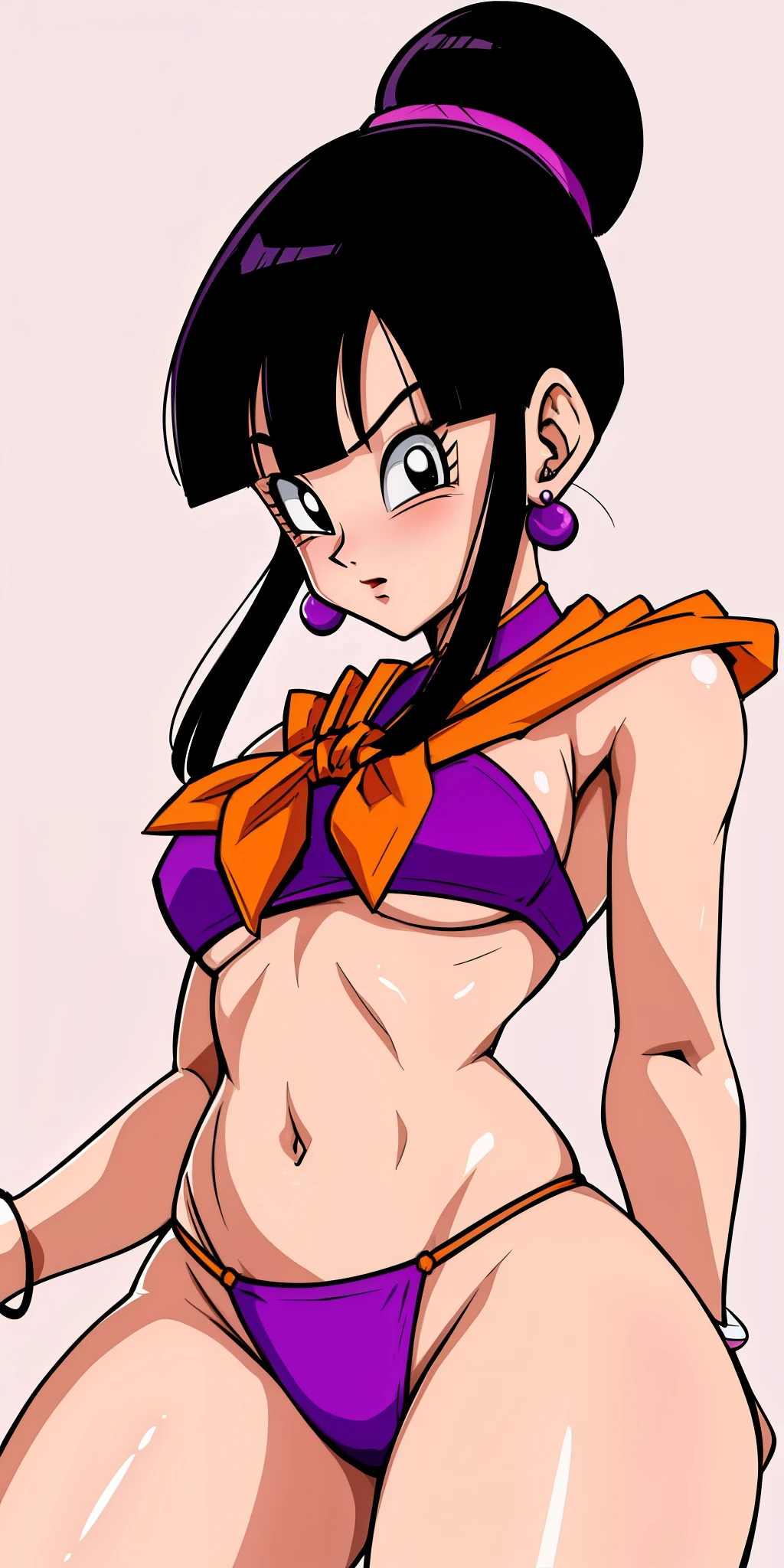 Chichi_DBZ, de pie, Solo, Grande_senos,_Naranja_Neckerchief, obra maestra, Mejor calidad, cara detallada, ojos detallados, high resolution, purple micro bikini 