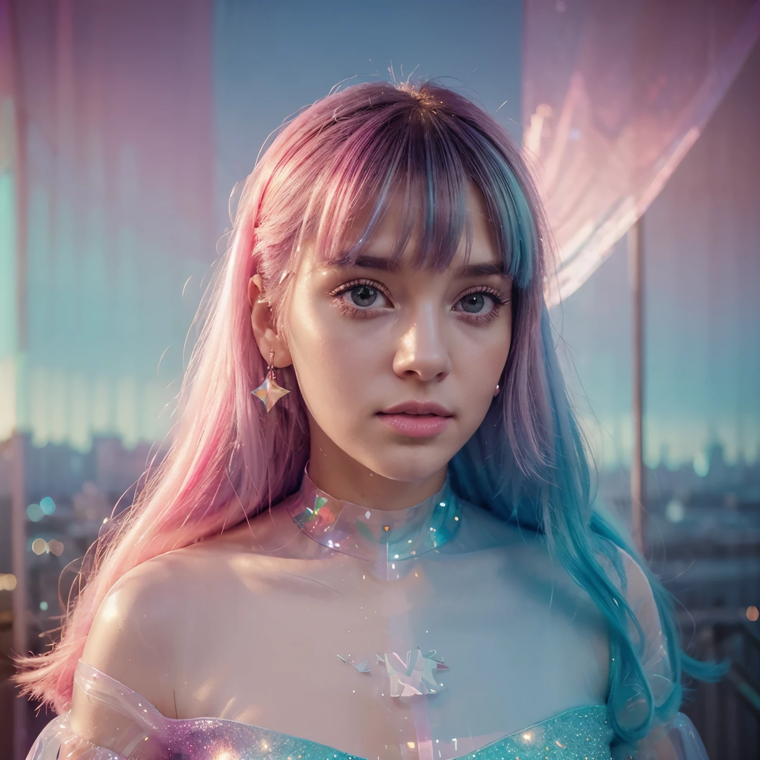 (fluorescent colors:1.4),(translucent:1.4),(retro filters:1.4), (fantasy:1.4), candy world Disney land ethereal soft fluffy soft landscape forest snowavatar Pastel pink sky green blue sparkle ethereal light pastel whimsical light rainbow stars diamonds sparkle gemstone background hyper realistic Ultra quality cinematic lighting immense detail Full hd painting Well lit,diagonal bangs,, collared dress,on side, masterpiece, best quality,realskin,(portrait:1.5), 1girl, blunt bangs, long hair