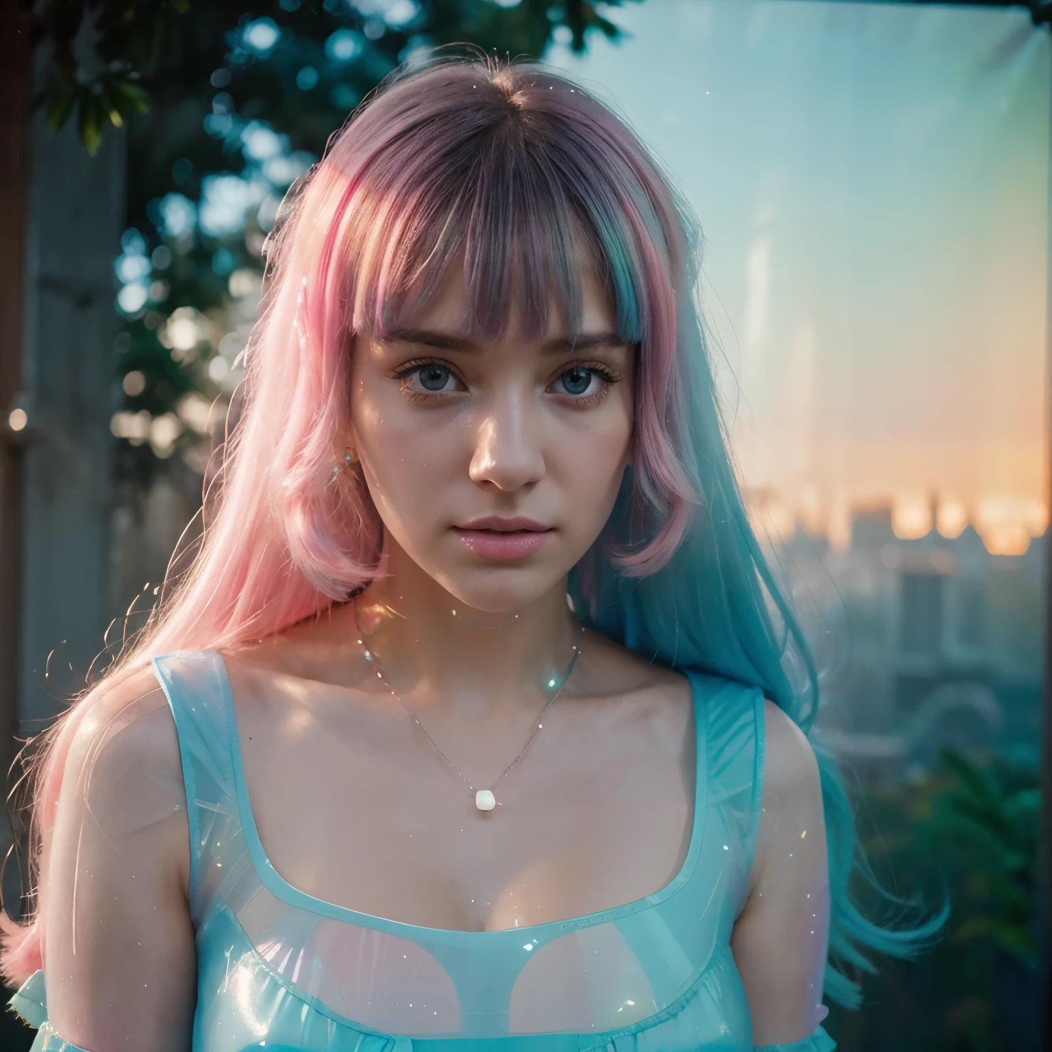 (fluorescent colors:1.4),(translucent:1.4),(retro filters:1.4), (fantasy:1.4), candy world Disney land ethereal soft fluffy soft landscape forest snowavatar Pastel pink sky green blue sparkle ethereal light pastel whimsical light rainbow stars diamonds sparkle gemstone background hyper realistic Ultra quality cinematic lighting immense detail Full hd painting Well lit,diagonal bangs,, collared dress,on side, masterpiece, best quality,realskin,(portrait:1.5), 1girl, blunt bangs, long hair