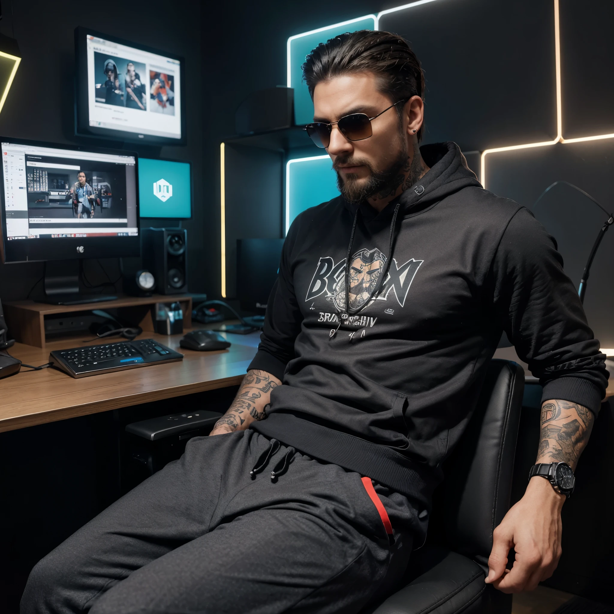Highly detailed Image in the style of Photography of a male character named KevKev. KevKev is a man with a beard and tattoos on chest and neck, detailed crisp tattoo, tattooed man, very attractive man with beard, square jawline, detailed face, strong masculine features, handsome man with straight black hair slicked back. KevKev is wearing a cool shirt or stylish hoodie, stylish sweatpants of different designs and colors with inscriptions, sneakers, and occasionally sunglasses. He is not wearing a hat. He is sitting at his home office station, which features RGB lighting, multiple monitors, and stylish hexagonal wall panels. The room has a modern and high-tech feel. Ensure there are no duplicate items such as a second wristwatch in the image.