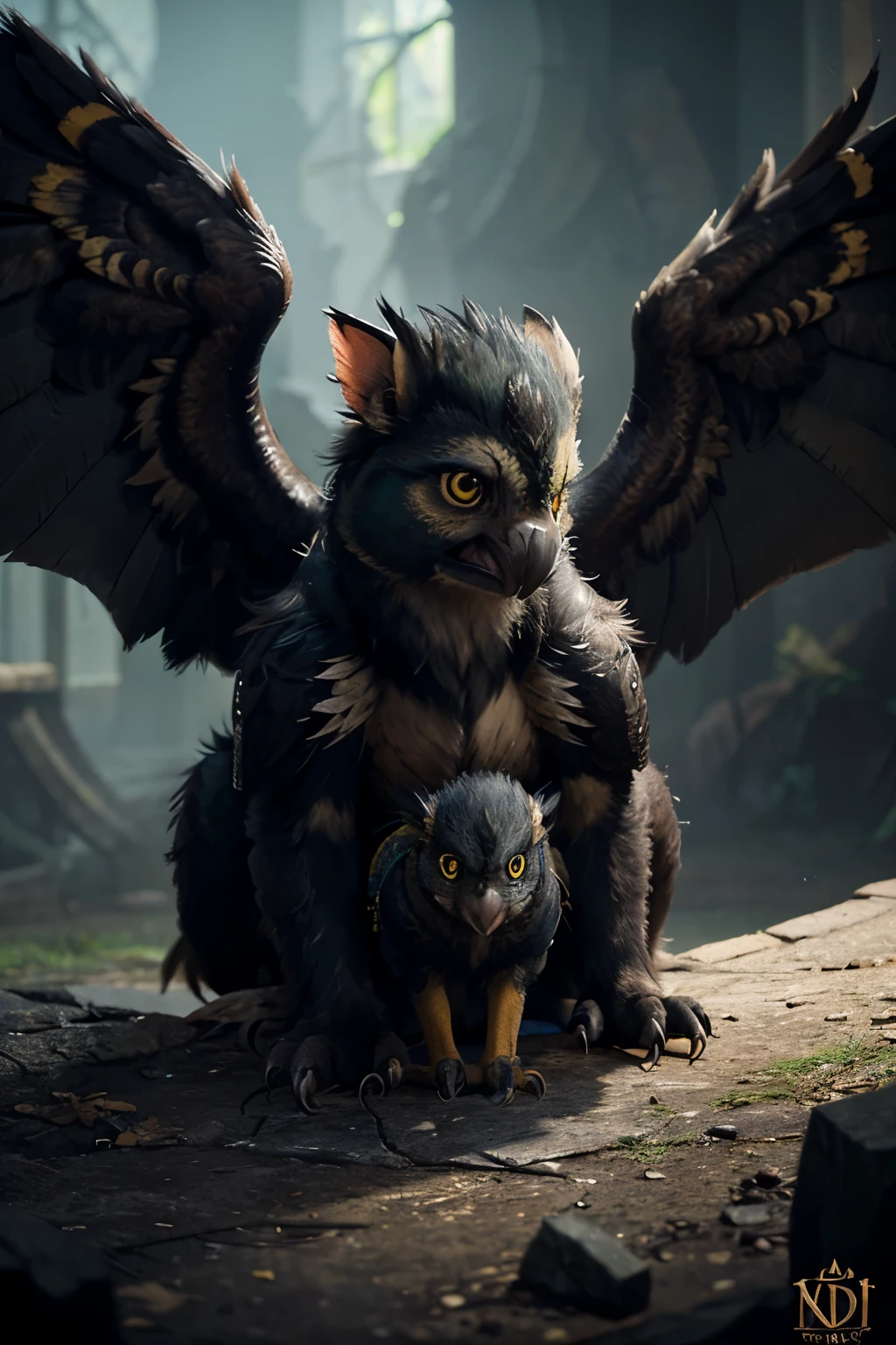 (a with Pet baby Gryphon),hyperrealistic,splash art,concept art,mid shot,intricately detailed,depth of colour,dramatic,2/3 face angle,side light,coloured