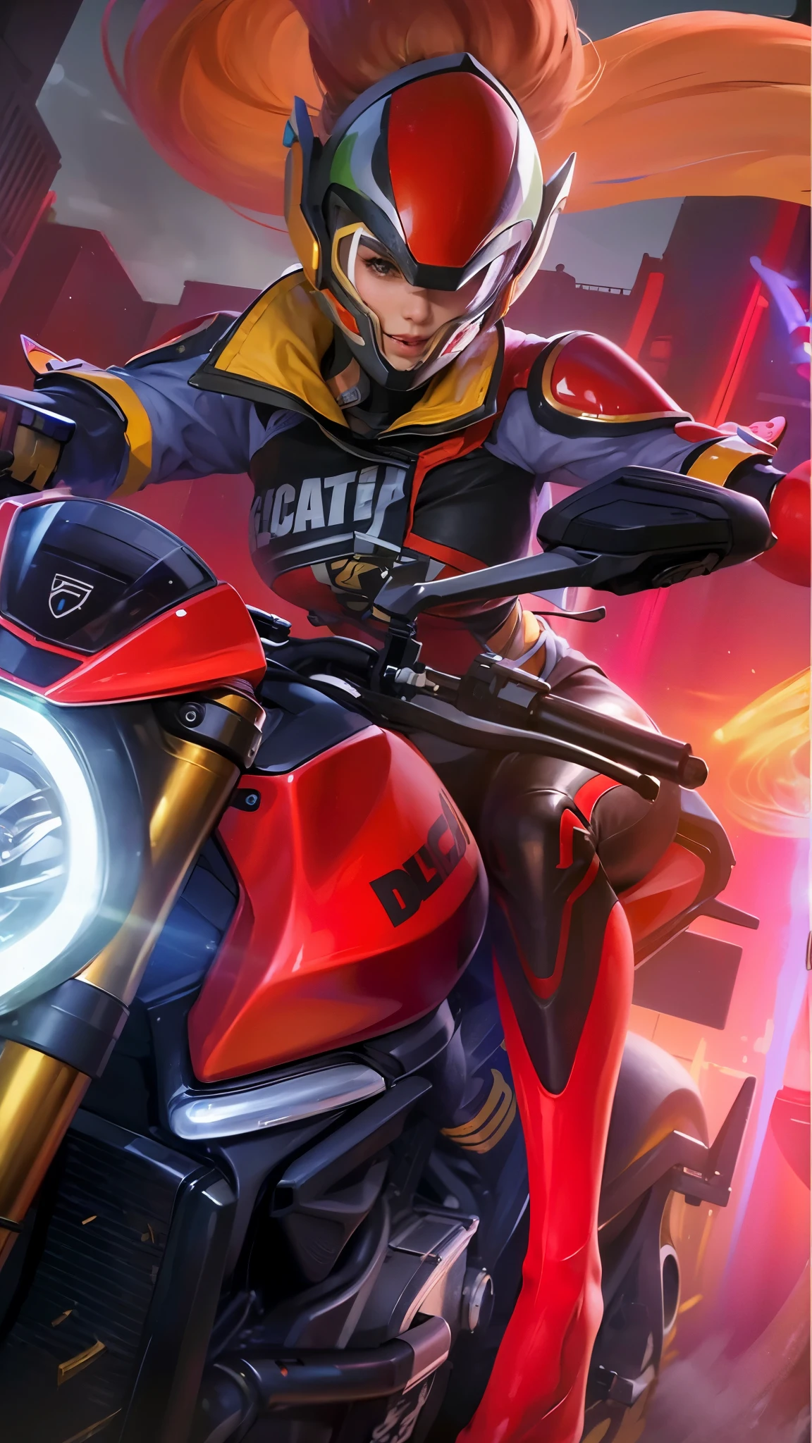 (photorealistic:1.4), best quality, masterpiece, ultra high res, 1girl, (detailed face:1.2), (detailed eyes:1.2), (detailed hair:1.2), (detailed clothes:1.2), 4k, (detailed color:1.2),5), wear a helmet.