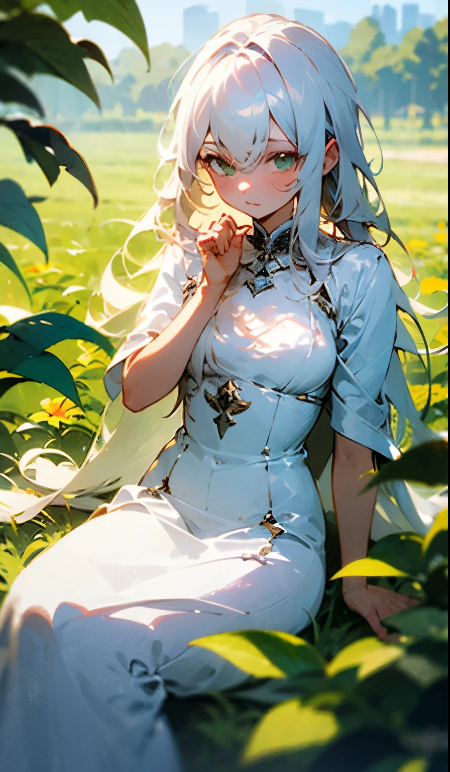 (masterpiece, best quality),1girl with long white hair sitting in a field of green plants and flowers, her hand under her chin, warm lighting, white dress, blurry foreground