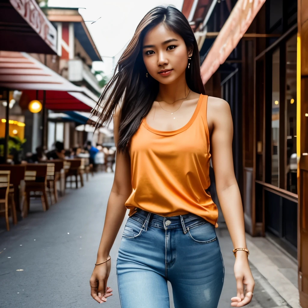 thai girl 25 years old, very beautyful, wearing light orange gold tank top and long jeans with cut on the arms, waist and other places walking infront of a cafe, sharp, realistic picture, photo by professional.