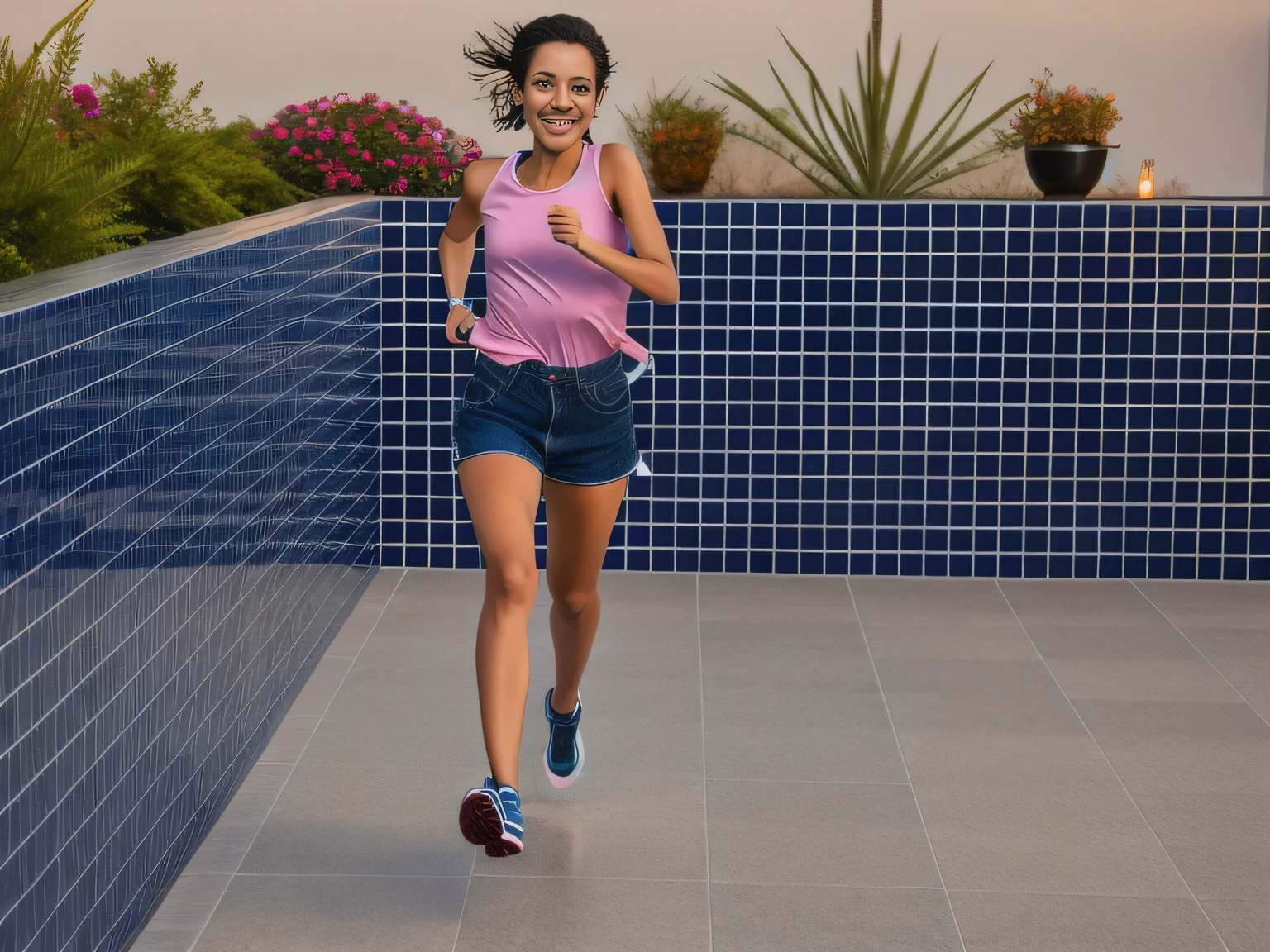 there's a woman walking on the tile floor, pose de corrida, ao entardecer!, correndo, girl is running, running towards the camera, walking towards the camera. Uma mulher com pele branca e cabelos escuros. ela tem cerca de 35 anos. your lips are slightly plump, your eyes are dark brown. Corpo fino, cintura fina. Altamente realista, Lindo, slightly full lips, batom cor de rosa, sorridente, hiperrealismo, pele muito elaborada. foto de corpo inteiro, Limpar foto, alta qualidade, high resolution, obra de arte, 8k.