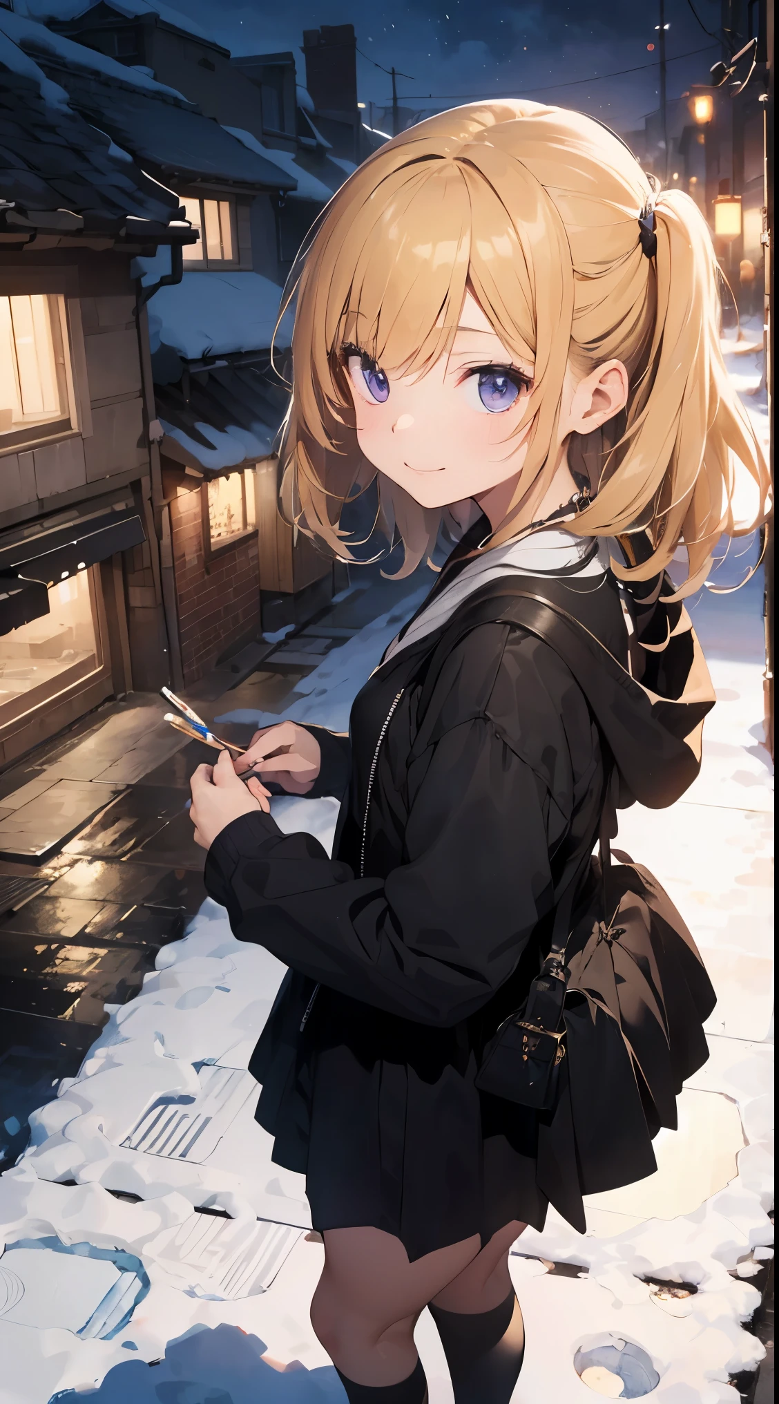 ((writing lines transparency best quality best work concept art.))、beautiful illustrations, pastel colour, イラストstyle, realistic skin feel, realistic material、watercolor painting, Background with details, Three-dimensional effect and depth background: Night cityscape covered in snow。Draw detailed buildings and streets using precise three-dimensional thinking。
shape: 20 year old girl。Bob hairstyle、Hair color is blonde、Hair quality is wavy。
Facial expressions and eyes: smile、eyes are blue、Realistic and complex eyes。
clothing: black and purple gothic clothing。Long sleeves and skirts。
effect:focus on the face from above。
style: ジブリstyle
特別な要素:I never have