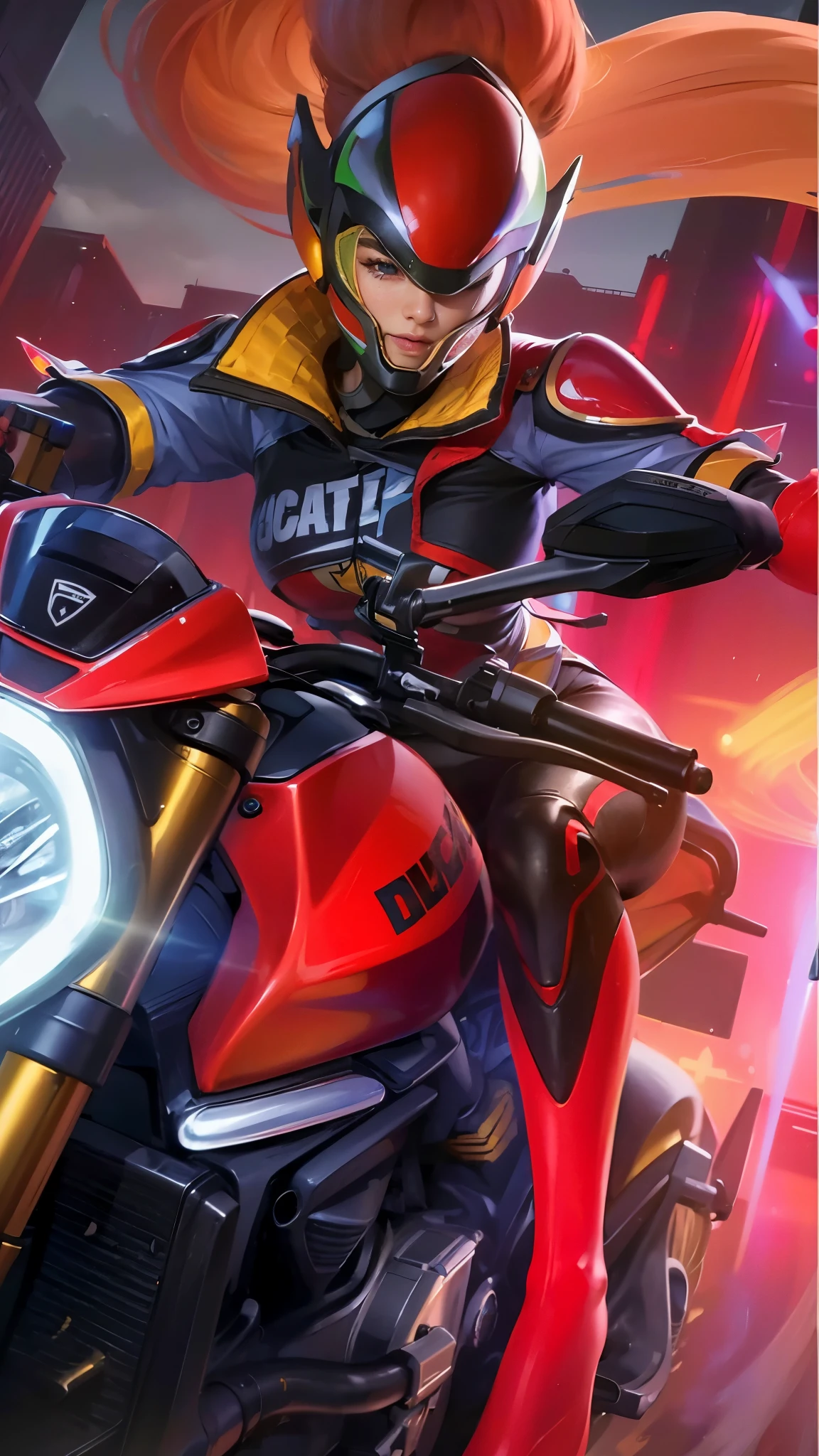 (photorealistic:1.4), best quality, masterpiece, ultra high res, 1girl, (detailed face:1.2), (detailed eyes:1.2), (detailed hair:1.2), (detailed clothes:1.2), 4k, (detailed color:1.2),5), wear a helmet.