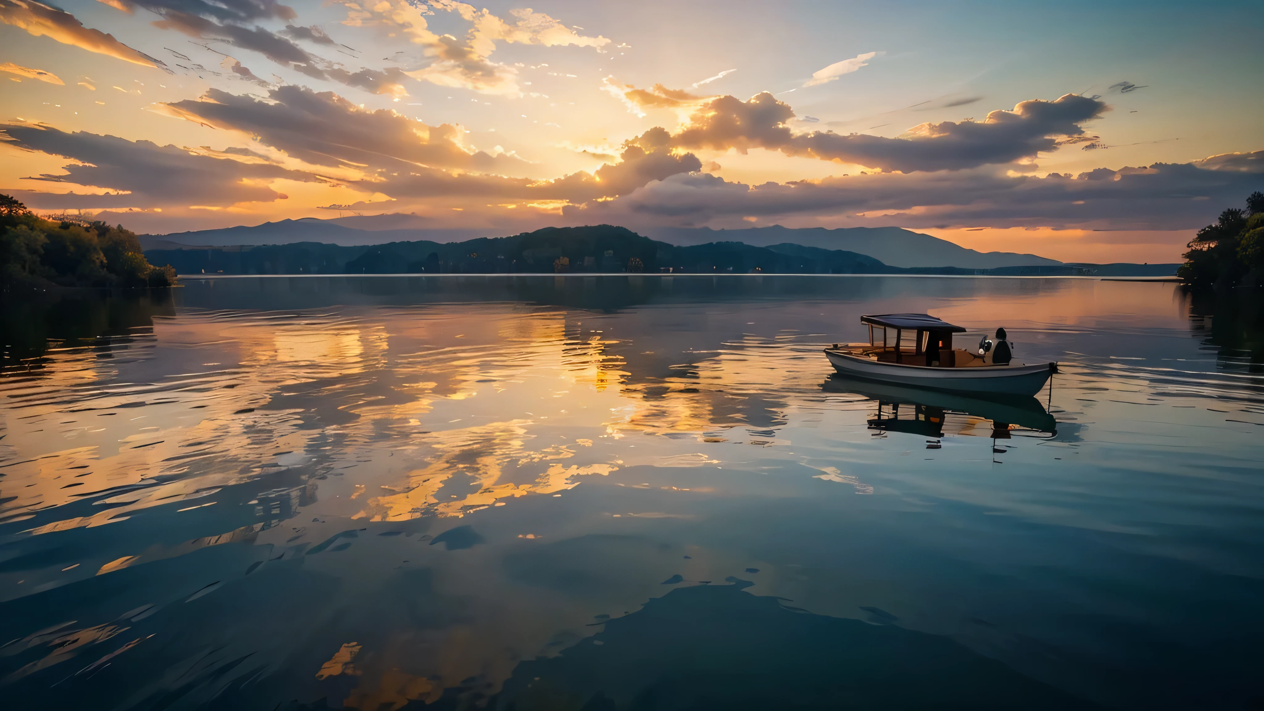 Craft an enchanting scene featuring a vibrant sunset casting its golden hues over a tranquil lake. The sky is ablaze with warm colors, creating a breathtaking backdrop for the serene waters below. Capture the beauty of the moment as colorful reflections dance and shimmer on the surface of the lake, mirroring the stunning display in the sky above. Use a blend of vivid colors and soft, atmospheric lighting to convey the peaceful ambiance of the setting. The image should evoke a sense of awe and tranquility, inviting viewers to immerse themselves in the beauty of nature's splendor.