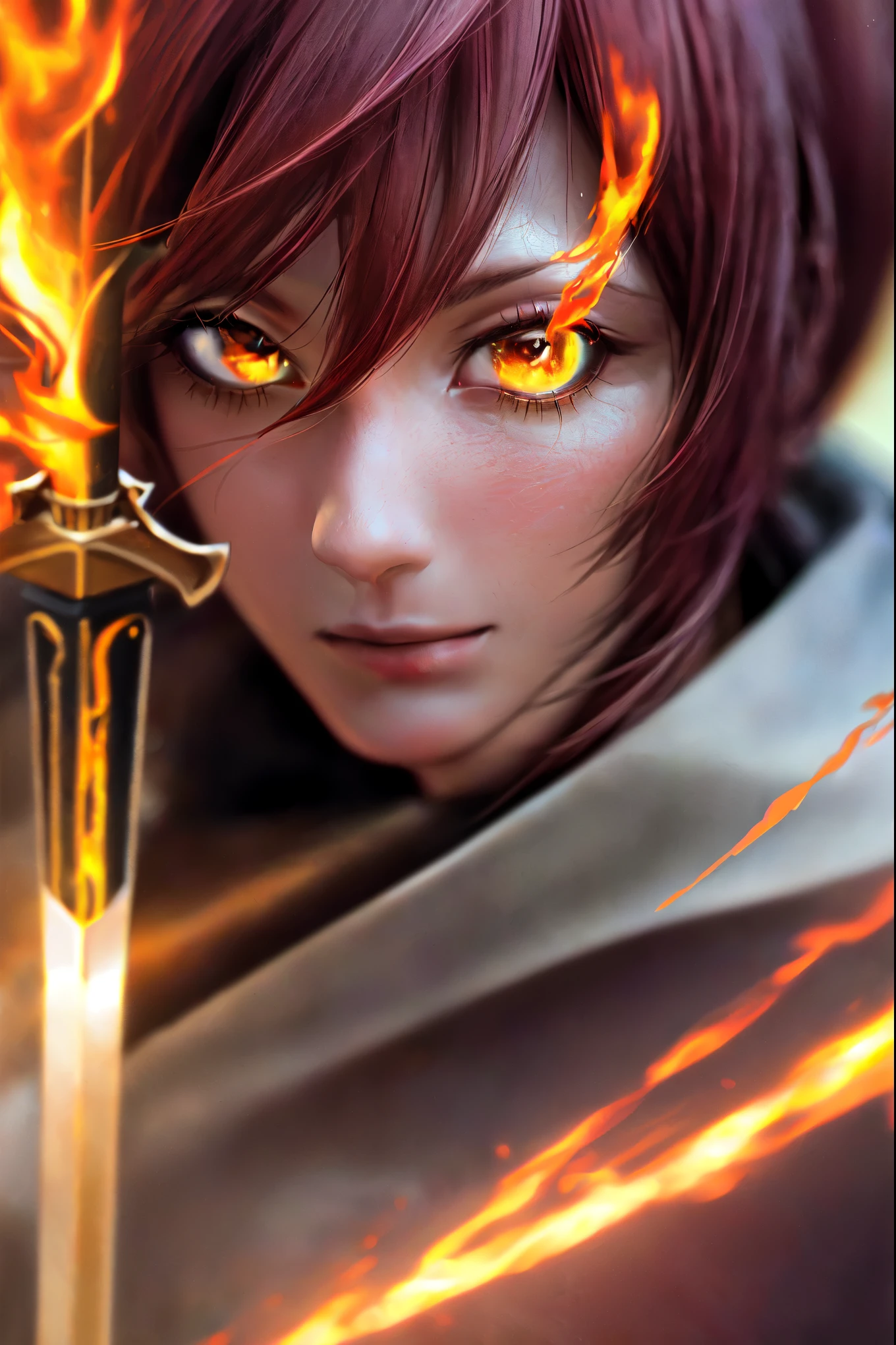 a person's close-up with red hair and a sword,epic anime of a man with energy,full body,ecosystem,rough anime style 8K, Sun God, Flame Conjuring Armor,(best quality,4k,8k,highres,masterpiece:1.2), ultra-detailed, (realistic,photorealistic,photo-realistic:1.37), HDR,UHD,studio lighting,ultra-fine painting,sharp focus,physically-based rendering,extreme detail description,professional,vivid colors,bokeh