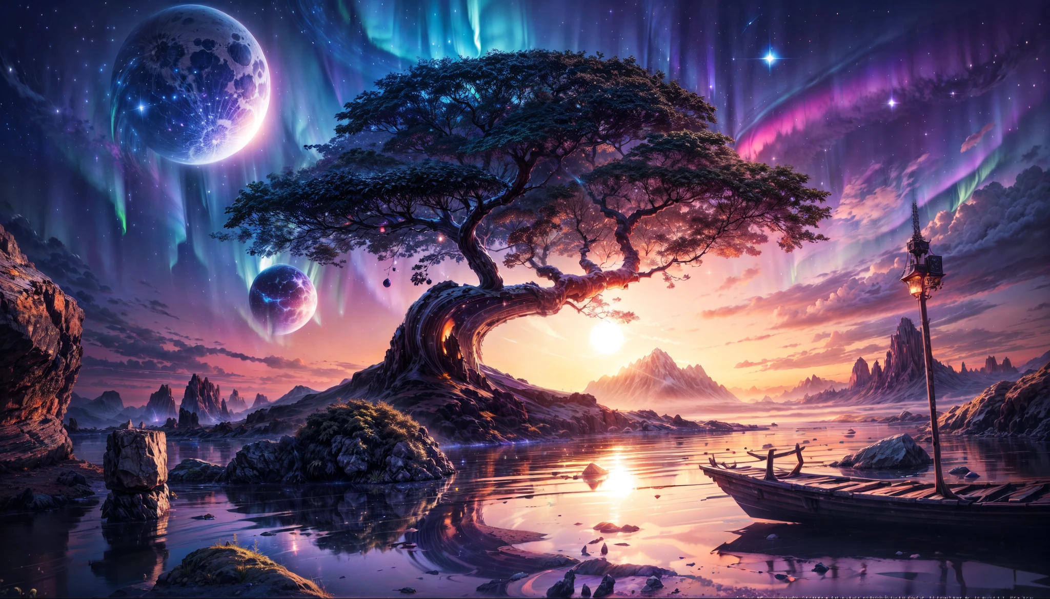 , magical sky,vibrant sunset,cosmic nebula elements,breathtaking aurora of celestial blue and purple hues,Shooting stars streak across the sky