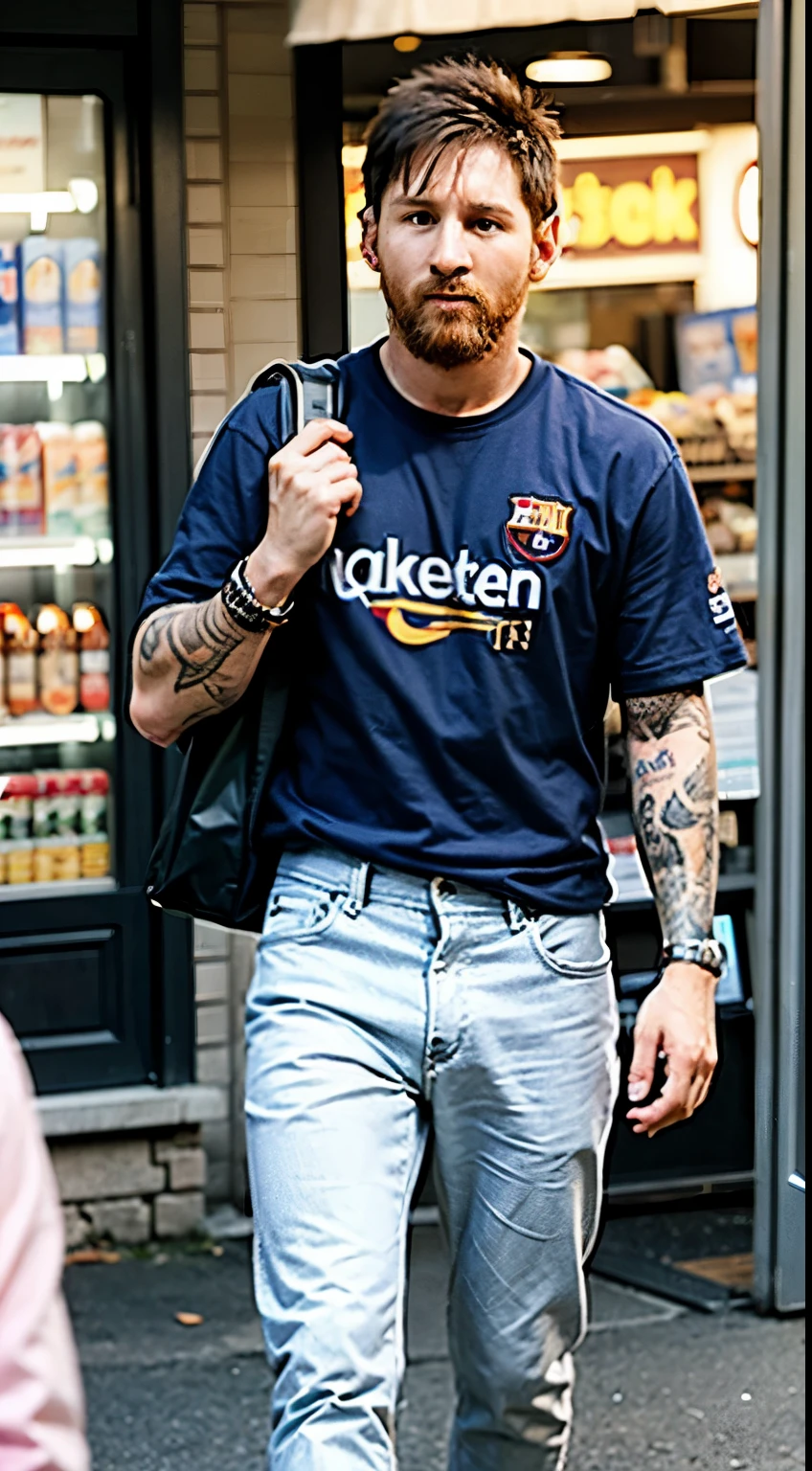 ((Best quality)), ((masterpiece)), ((detailed)), perfec face, ((lionel messi)), 1person, Shopping at convenience stores, realistic, real life