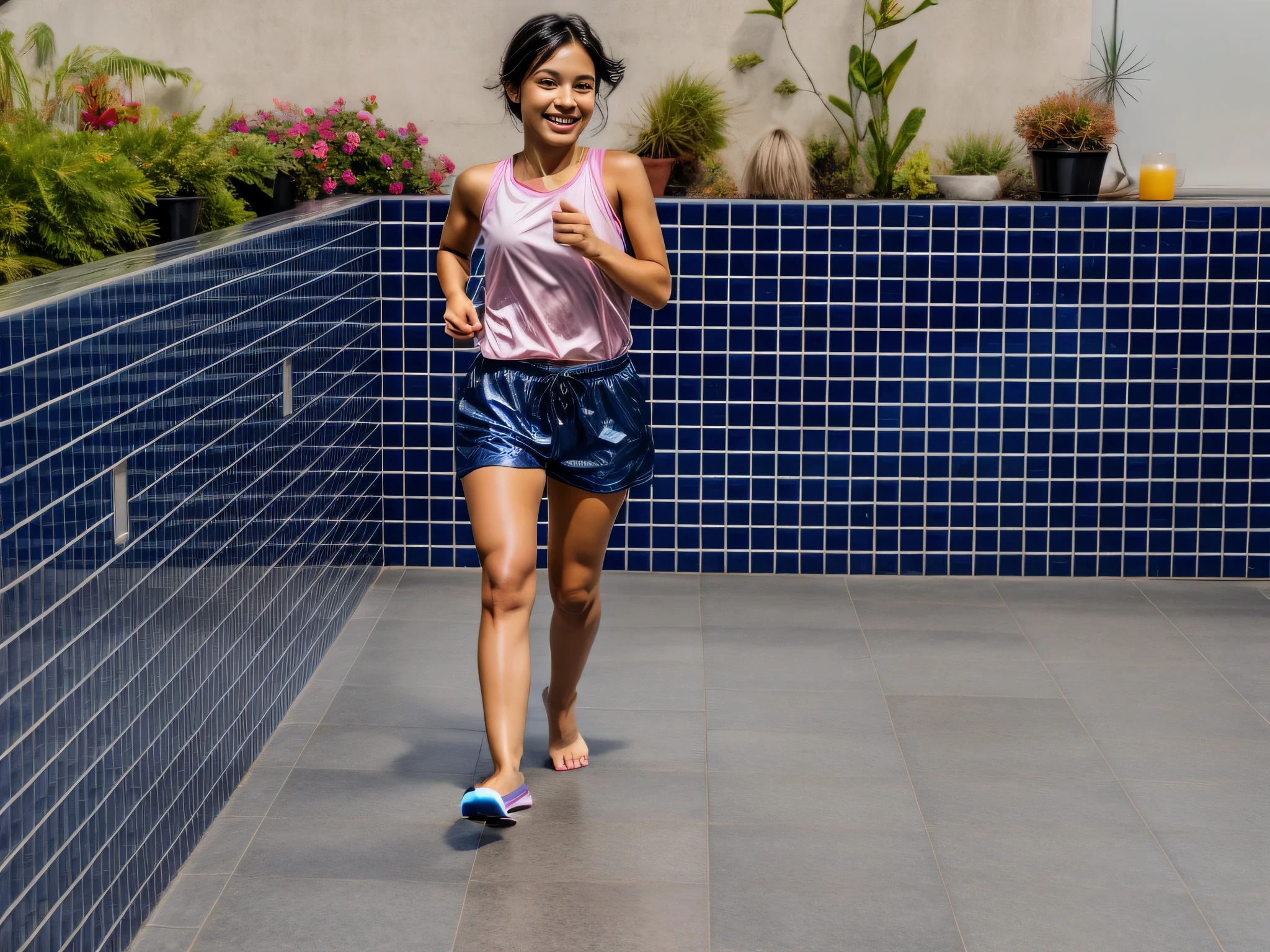there's a woman walking on the tile floor, pose de corrida, ao entardecer!, correndo, girl is running, running towards the camera, walking towards the camera. Uma mulher com pele branca e cabelos escuros. ela tem cerca de 35 anos. your lips are slightly plump, your eyes are dark brown. Corpo fino, cintura fina. Altamente realista, Lindo, slightly full lips, batom cor de rosa, sorridente, hiperrealismo, pele muito elaborada. foto de corpo inteiro, Limpar foto, alta qualidade, high resolution, obra de arte, 8k.
