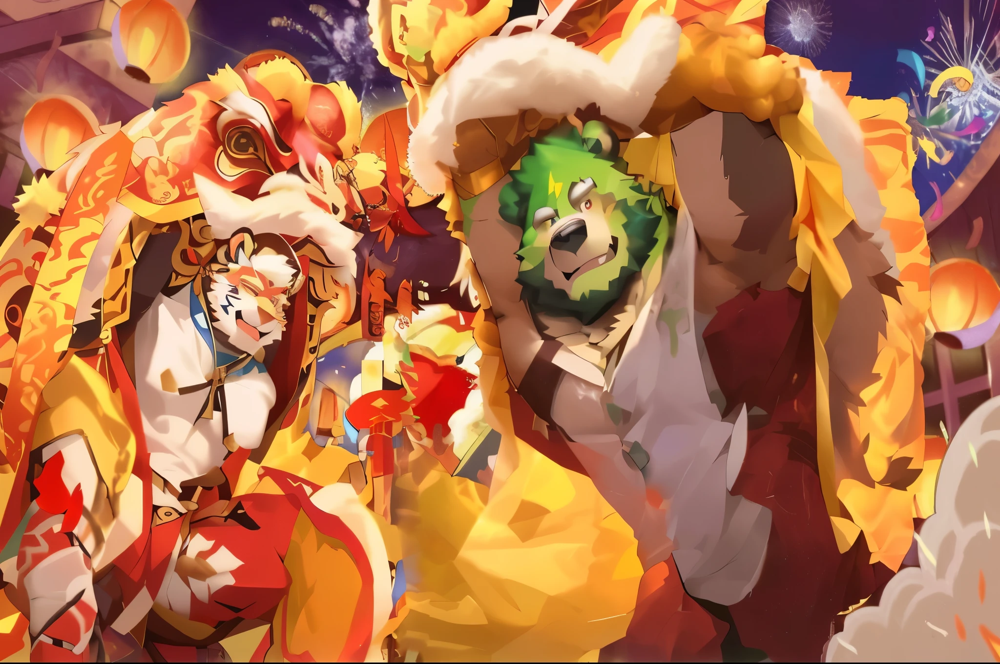 two people in costumes are performing a dance on stage, jazza and rossdraws, rossdraws and jazza, krenz cushart and wenjun lin, onmyoji detailed art, ross tran and bayard wu, rossdraws cartoon vibrant, jc leyendecker and sachin teng, rossdraws global illumination, alphonse mucha and rossdraws, jinpei and kosutora, furry, high resolution, high quality, cg art, onmyoji detailed art, jazza and rossdraws, onmyoji, rossdraws cartoon vibrant, rossdraws and jazza, expressing joy. by krenz cushart, guilty gear strive splash art, alphonse mucha and rossdraws, high detailed official artwork, furry fantasy art, onmyoji portrait