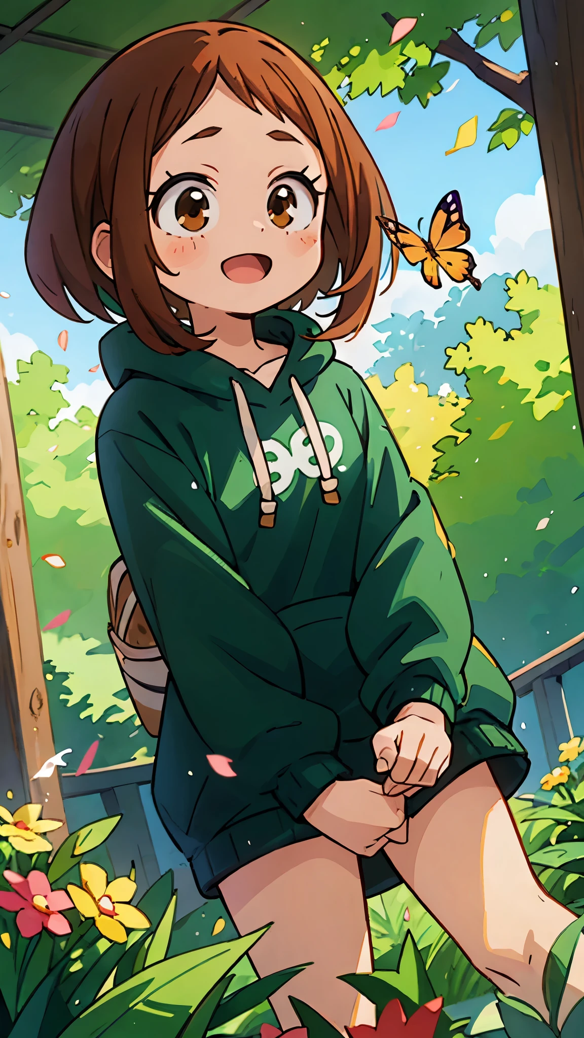 ochaco_uraraka (brown eyes), ((masterpiece, best quality, high quality)) flowers, shiny pillars, shiny butterflies, magical shiny garden, 1girl, solo, looking at the viewer, happy open mouth, black bear hoody, , green eyes, falling flowerpetals, standing