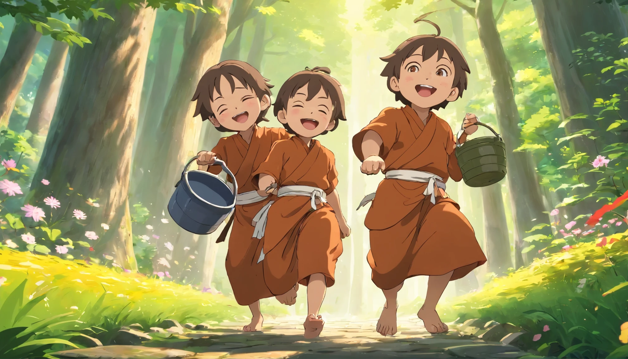 3d animation of three little monks laughing hard, water bucket behind them, forest, flower. Personagem pequeno. Unreal Engine 5, 3 D rendering character art 8 K, fantasy style 8 k octane render, Rendered in 8K Unreal Engine, Render in Unreal Engine 5, animation style render, 8K portrait rendering, Realistic anime 3 D style, cute 3 d render, Anime style. 8K