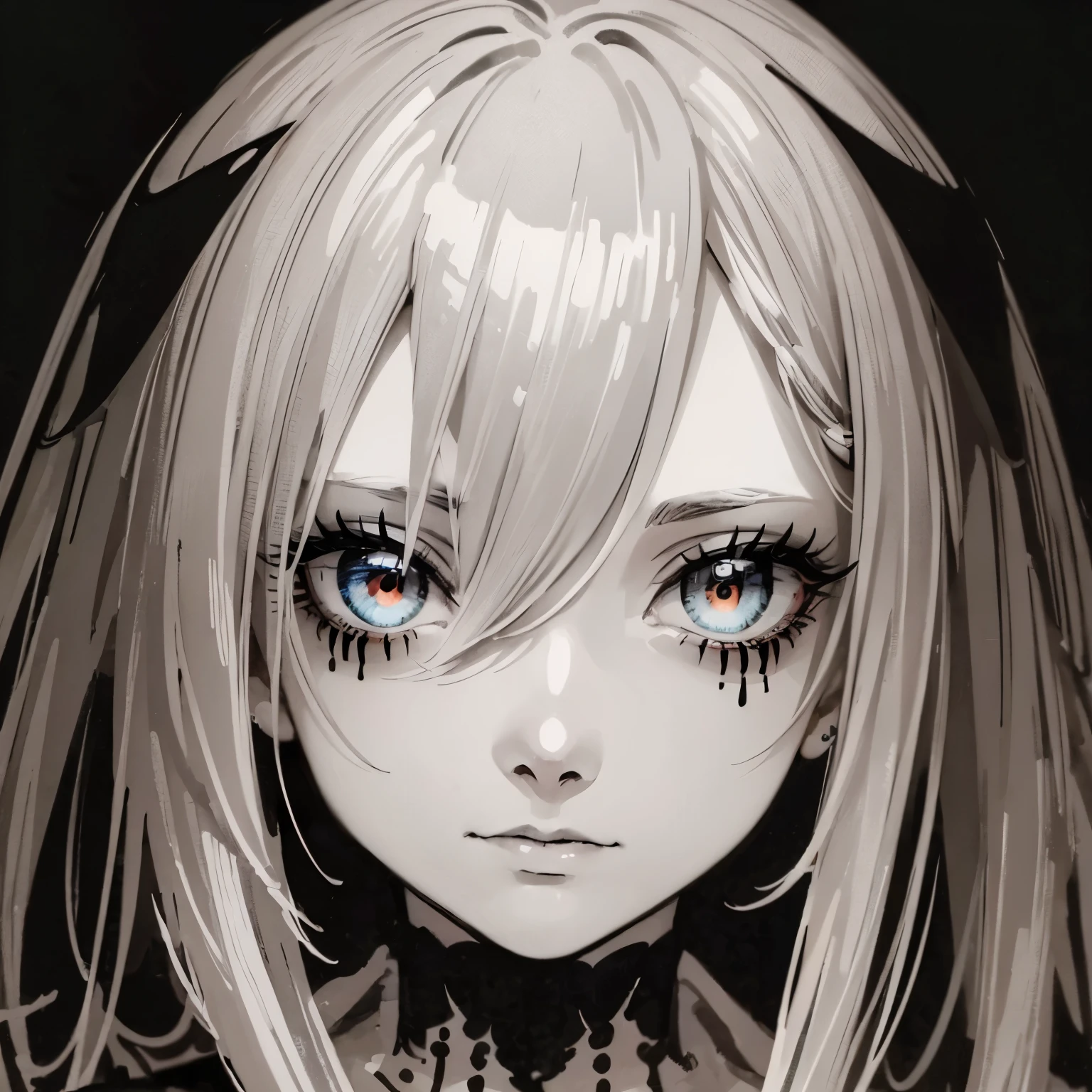 An angel, picture black and white, his eyes are beautiful and he is the complete highlight of the photo, close up of his eye, perfect photo, watercolor painting, anime style, dark fantasy art, scary face, horror movie