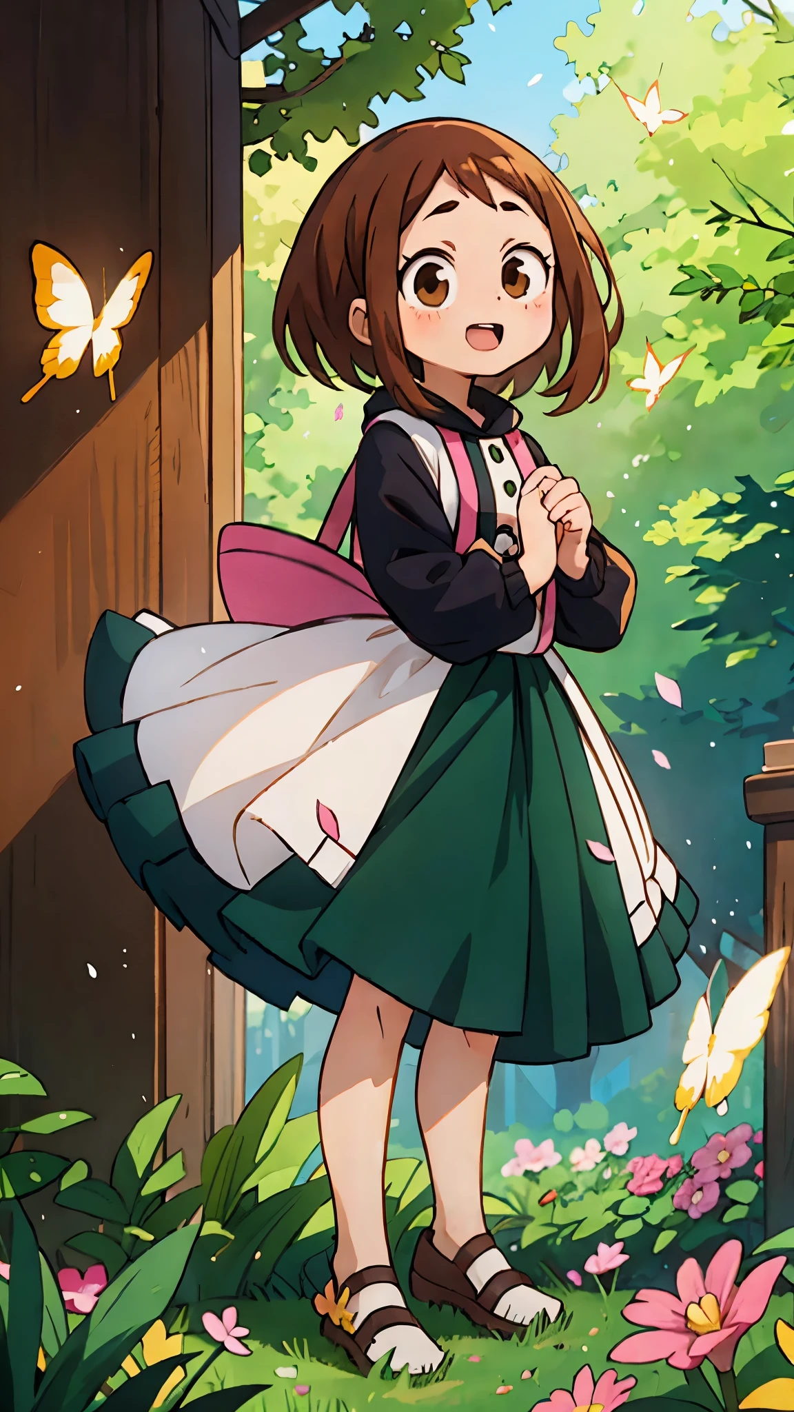 ochaco_uraraka (brown eyes), ((masterpiece, best quality, high quality)) flowers, shiny pillars, shiny butterflies, magical shiny garden, 1girl, solo, looking at the viewer, happy open mouth, black bear hoody, , green eyes, falling flowerpetals, standing