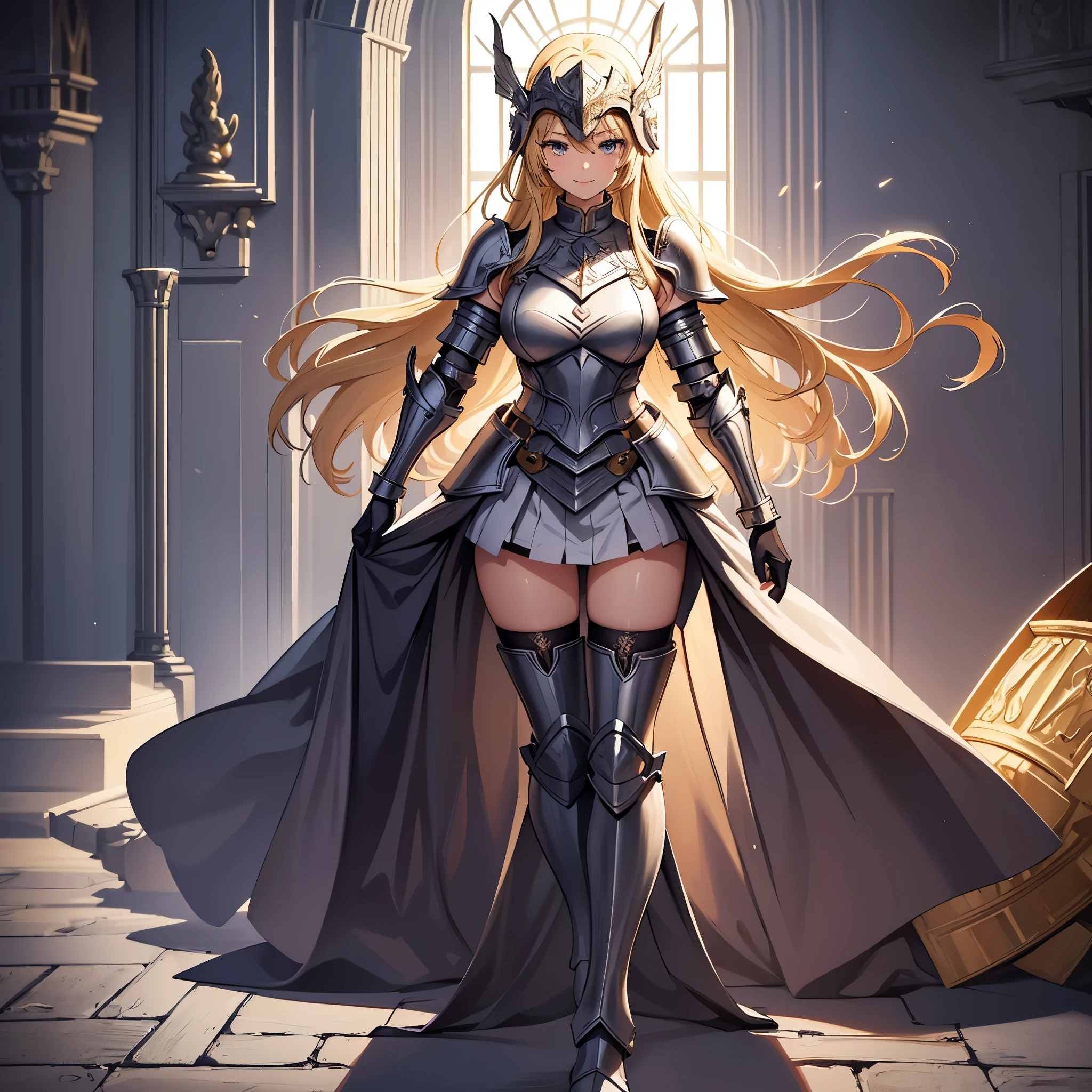 Detailed illustration, (detailed beautiful face) one kind girl, (kind smile 1), blonde hair,  in valkyries helmet, in high neck valkyries armor without shoulder plates, in long gloves, steel boots, in stockings, calmly stand alone in castle room, casual pose,