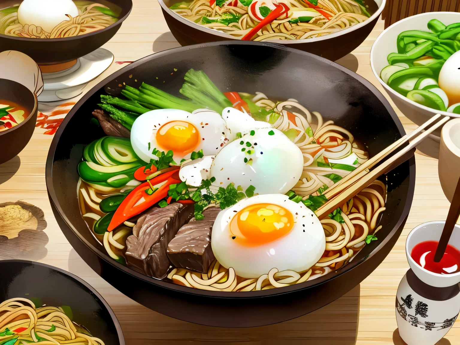 A bowl of beef noodles，Fresh vegetables，The poached egg aroma is overflowing，The brown shells are delicious，It was delicious，Pepper has a strong flavor，The yellow bamboo shoots are crispy and delicious，The fungus has a delicate taste，The final taste of tofu is great，The noodles held with chopsticks are fragrant。illustration