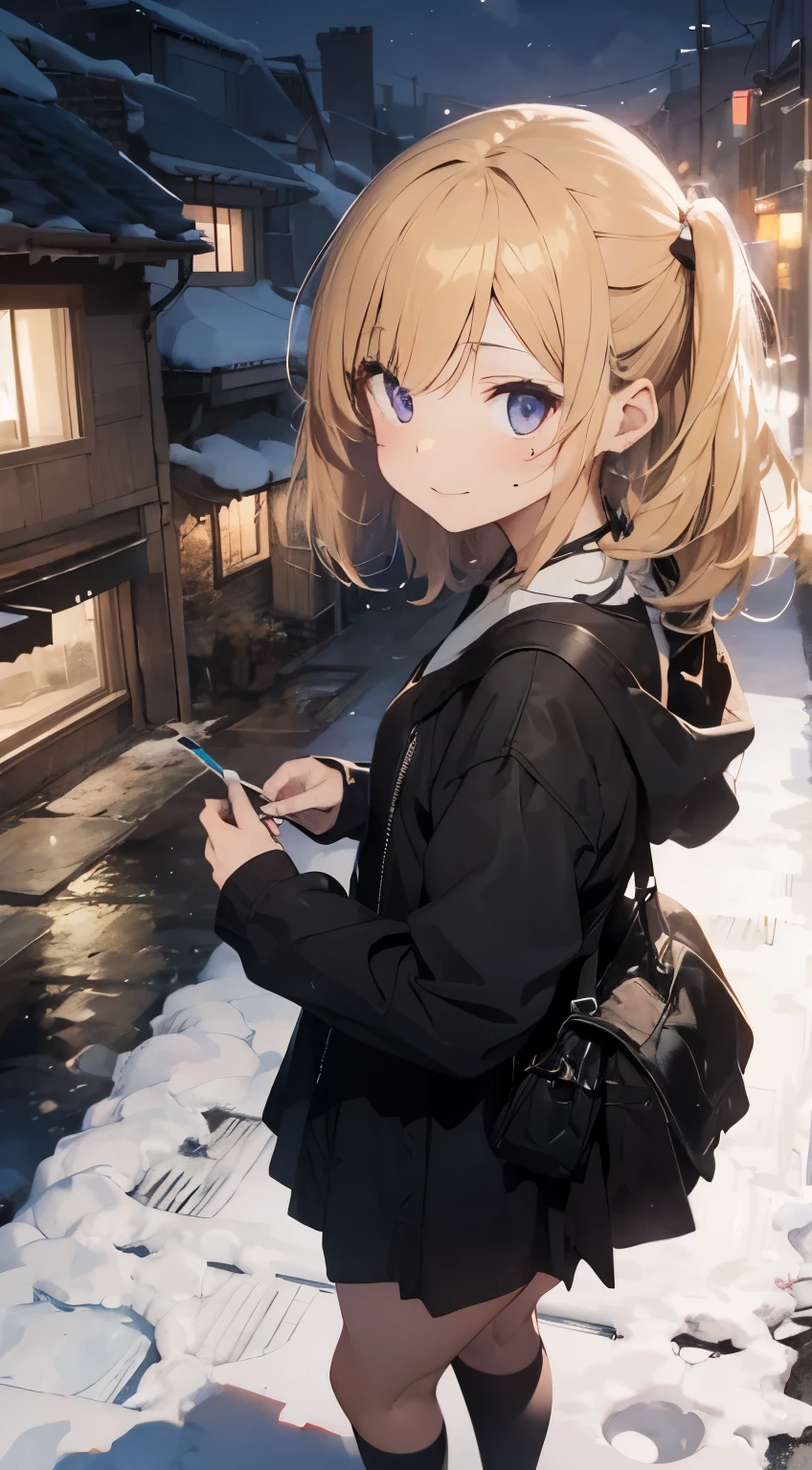 ((writing lines transparency best quality best work concept art.))、beautiful illustrations, pastel colour, イラストstyle, realistic skin feel, realistic material、watercolor painting, Background with details, Three-dimensional effect and depth background: Night cityscape covered in snow。Draw detailed buildings and streets using precise three-dimensional thinking。
shape: 20 year old girl。Bob hairstyle、Hair color is blonde、Hair quality is wavy。
Facial expressions and eyes: smile、eyes are blue、Realistic and complex eyes、There is a mole under the left eye。
clothing: black and purple gothic clothing。Long sleeves and skirts。
effect:focus on the face from above。
style: ジブリstyle
特別な要素:I never have