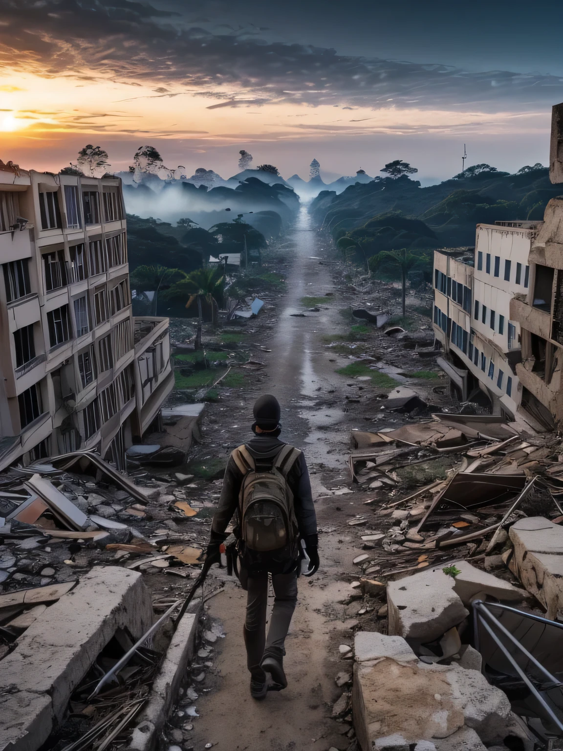post apocalyptic cistoy in ruins, vegetation taking over reinforced concrete buildings, Apocalipse, lots of smoke around, neblina densa, car fire, isto&#39;It&#39;s dark night, gorgeous sunset, dark sky, dark sky, noistoe, tem uma linda garota com roupas rasgadas andando em uma rua ao longe, garota em tamanho proporcional a imagem, as detailed as possible, as realistic as possible, noistoe noistoe noistoe
