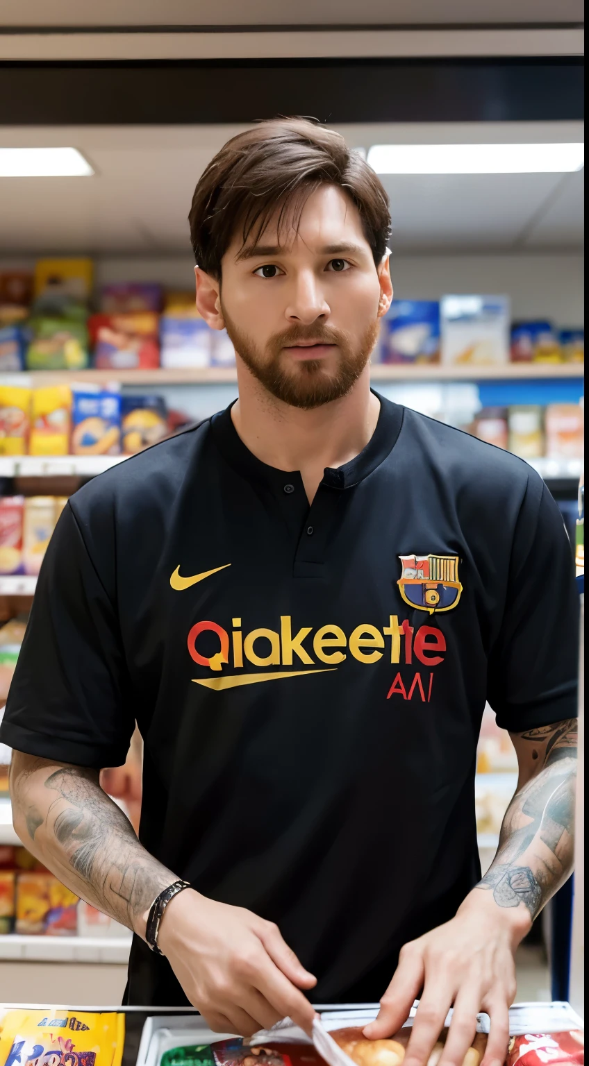 (best quality, masterpiece:1.2), ultra-detailed, perfect face, Lionel Messi, 1 man, shopping at convenience stores, realistic, real life, oil painting