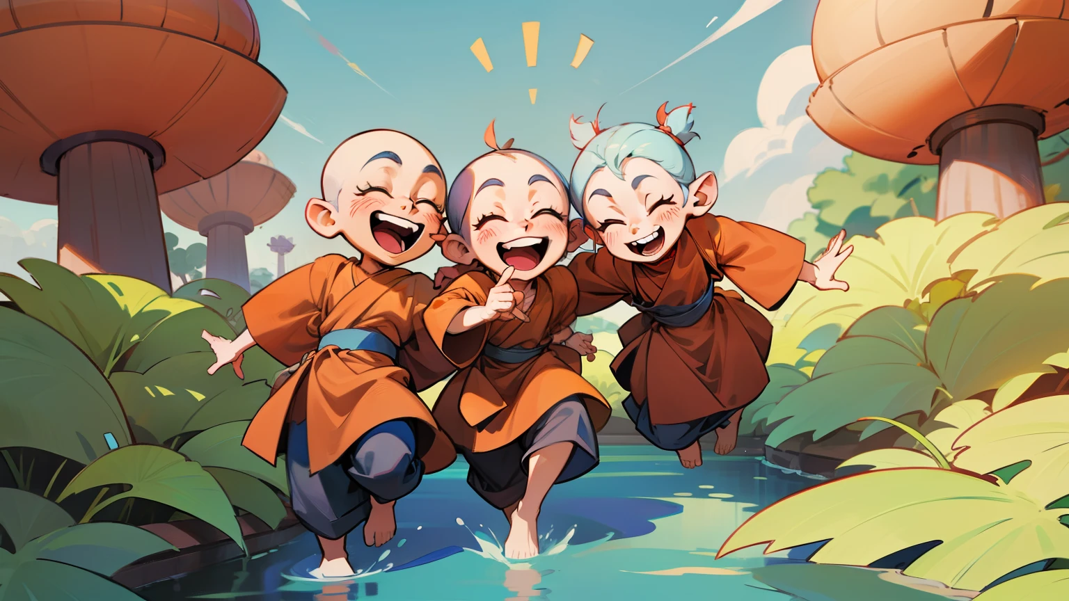 3d animation of three little monks laughing hard