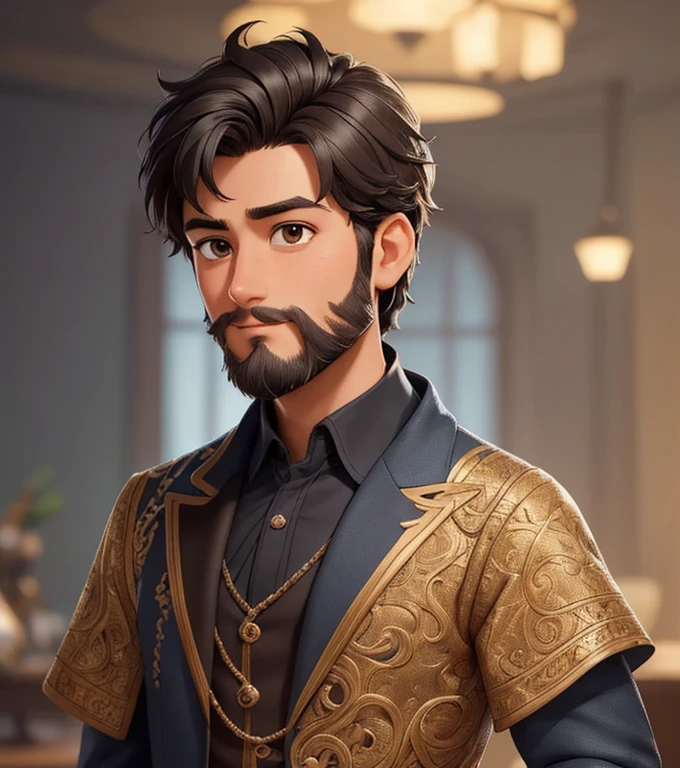 (masterpiece, best quality, ultra detailed), (high detail, hyper detailed), handsome boy, happy, black hair, ((short beard)), dark brown black eyes, dark blue Disney prince suit, detailed face, clear focus, empty in his heart, sad, lonely, on a castle balcony looking at the sky, (clutter - house: 0.8), (masterpiece: 1.2) (Realistic: 1.2) (Bokeh) (Best quality ) (Detailed look: 1.3) (Intricate details) (8K) (Eye detail) (Sharp focus), ( (full body)), ((pixar style)), simple