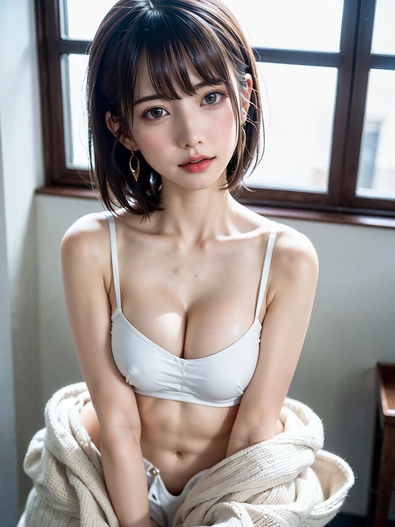 1 girl、highest quality、realistic、alone、Depth of written boundary、natural soft light、daytime、troublesome、beautiful face、cleanliness、pure face、white skin、cute、short hair、bang、Light of the sun、Nedium Breast Body Esbian、((セーター黄金比のbeautiful face 対称性のあるbeautiful face))、long neck、Show off your earrings with a nice short bob hairstyle、Please close your mouth and smile:1.7、perfect hands指、perfect hands、perfect body、perfect face、shine a light on the eyes、perfect anatomy:1.4、とてもcuteスーパーモデル:1.4、({Huge|big breasts|Hugeな|mega} overall small breasts:2, have cleavage:2)、bangs:2、portrait、bangs:2