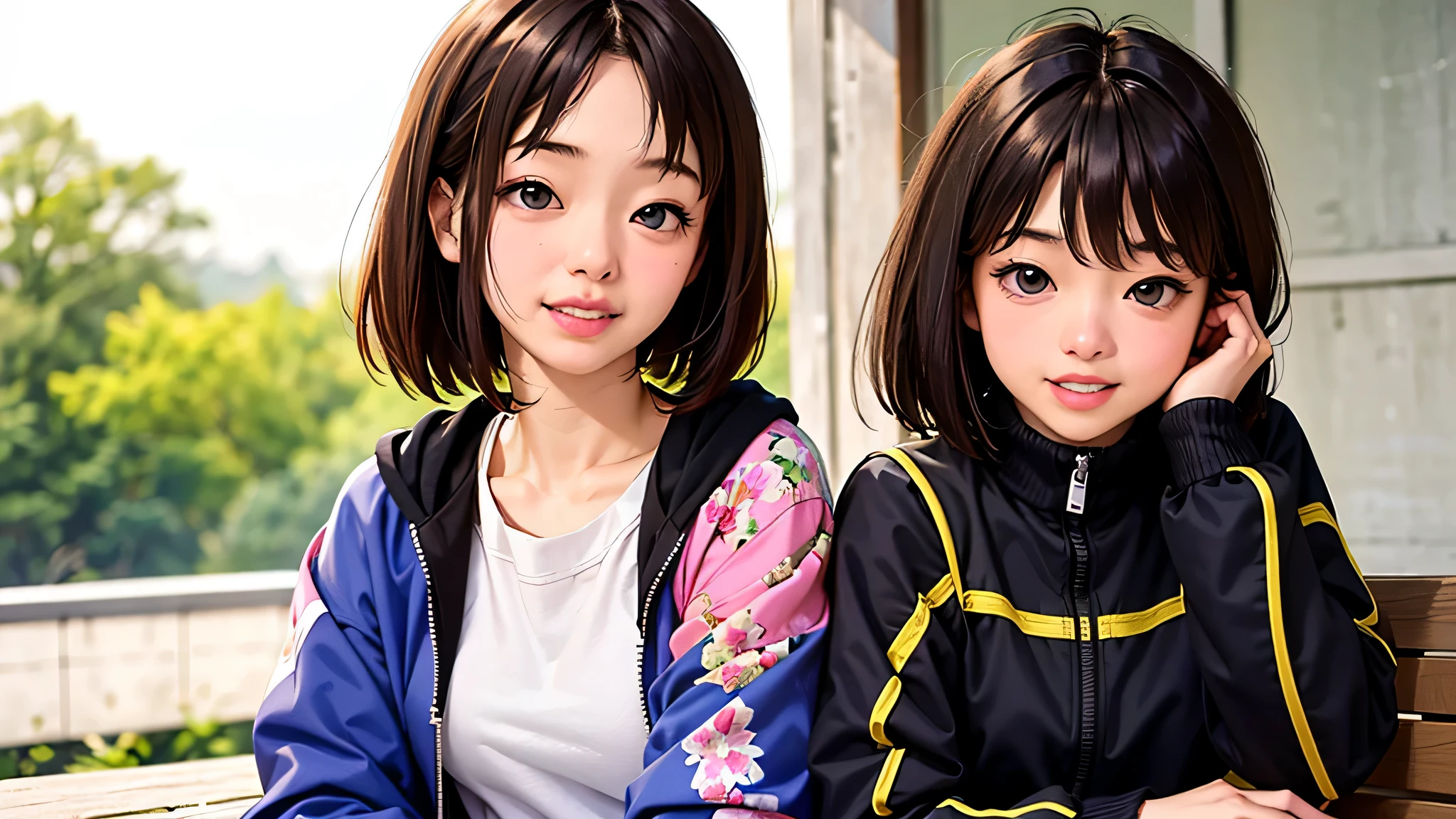 masterpiece, highest quality, 1 girl, alone, K Nanami, ((20 years, Japanese face, japanese actress)), short hair, black hair, black eye, blue jacket, Black gym clothes, (Expressionless), sitting, outdoor, sitting on a bench, ((Upper body, face focus, close up of face)), smile, teeth,