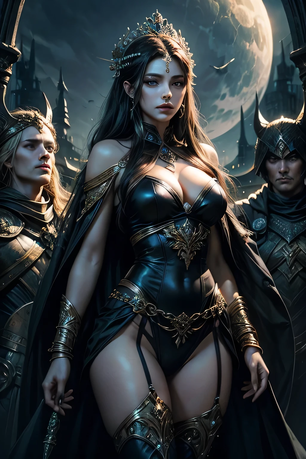 Beautiful woman, goddess of the dark, with her guards