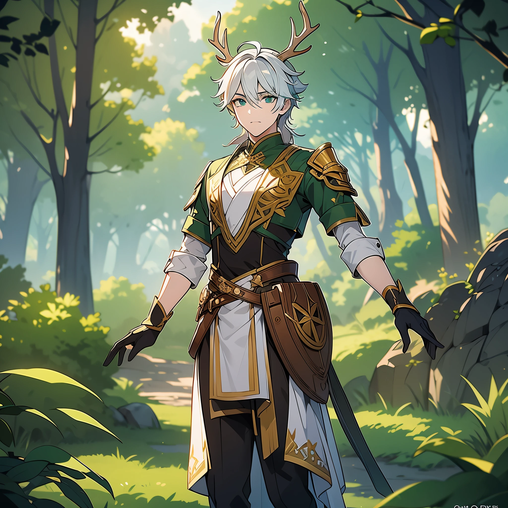 White haired, teenage male, boy, male, Deer , druid, green eyes, Leather, armour, green , gold