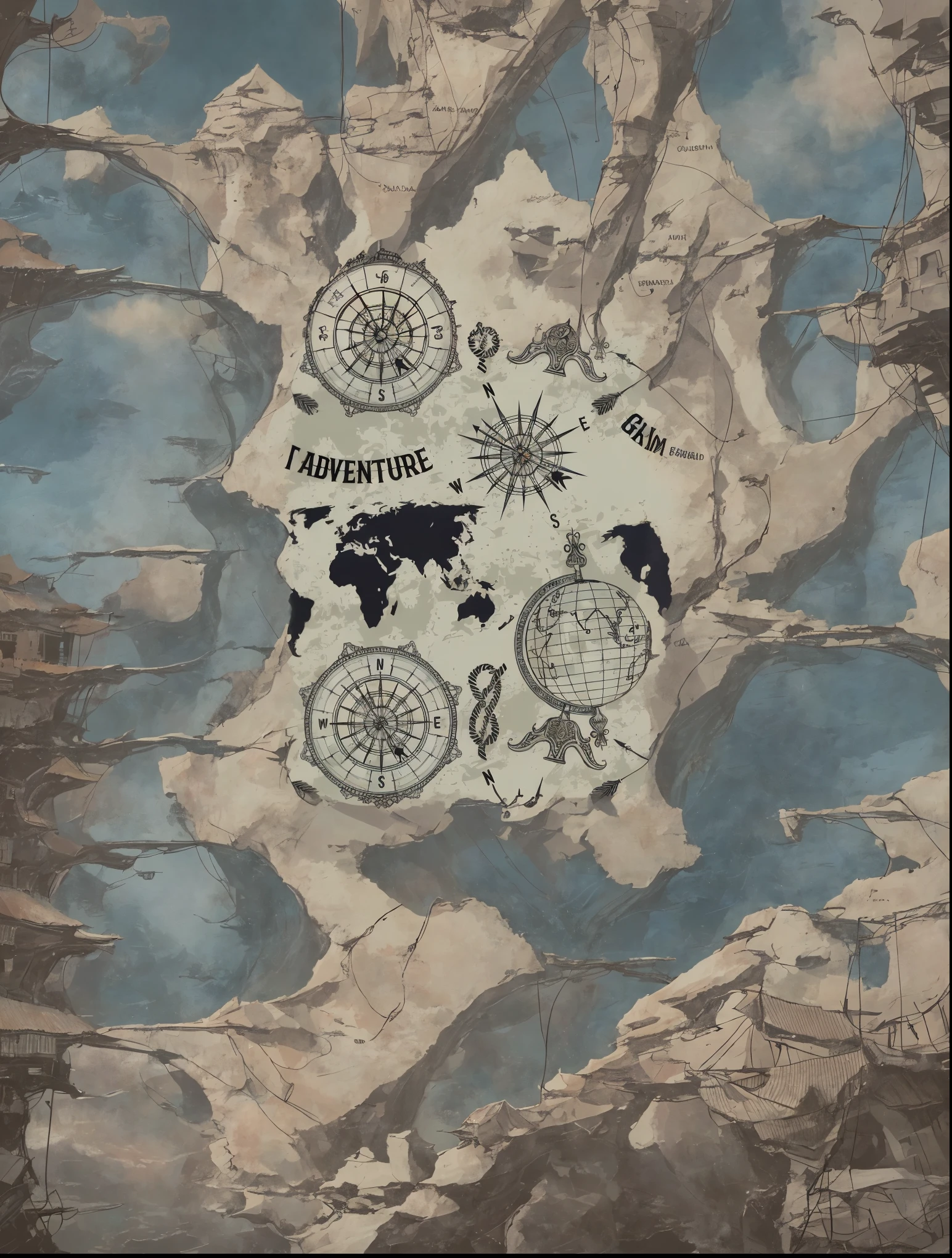a seamless pattern with different types of compass and world map, travel and adventure, new adventure, nautical maps, nautical maps grafitti, adventurer, ancient map, artwork, adventuring, adventurous, compass, map cartography, adventure, very ornate, world map, epic adventure, cartography, around the world, by Jordan Grimmer, old world, explorer