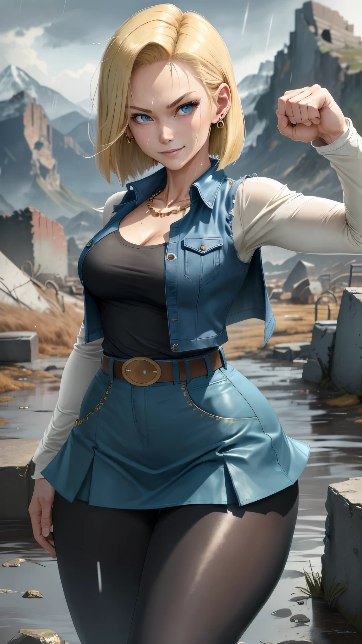 best quality, highres, and18, 1girl, android 18, solo, blonde hair, blue eyes, belt, tight blue demin skirt, gold_necklace, closed fists, black shirt, short hair, long sleeves, earrings, open vest, denim vest, medium breasts, cowboy shot, mountains, straight-on, (weather: raining and windy), wet clothes, fierce smile, combat stance, full length pantyhose, battle ruins, wide hips, thick legs, wet body, fighting,