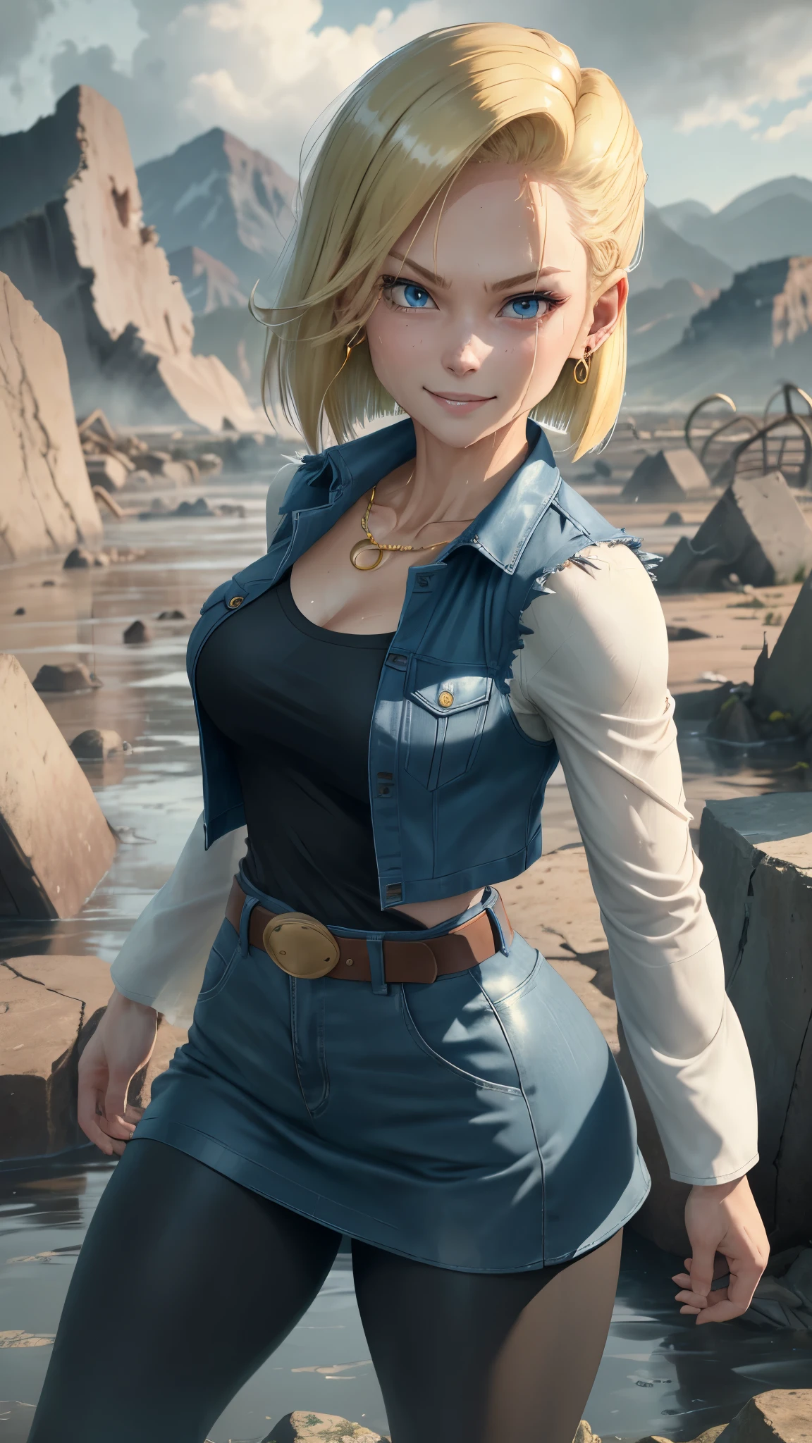 best quality, highres, and18, 1girl, android 18, solo, blonde hair, blue eyes, belt, tight blue demin skirt, gold_necklace, closed fists, black shirt, short hair, long sleeves, earrings, open vest, denim vest, medium breasts, cowboy shot, mountains, straight-on, (weather: raining and windy), wet clothes, fierce smile, combat stance, full length pantyhose, battle ruins, wide hips, thick legs, wet body, fighting,