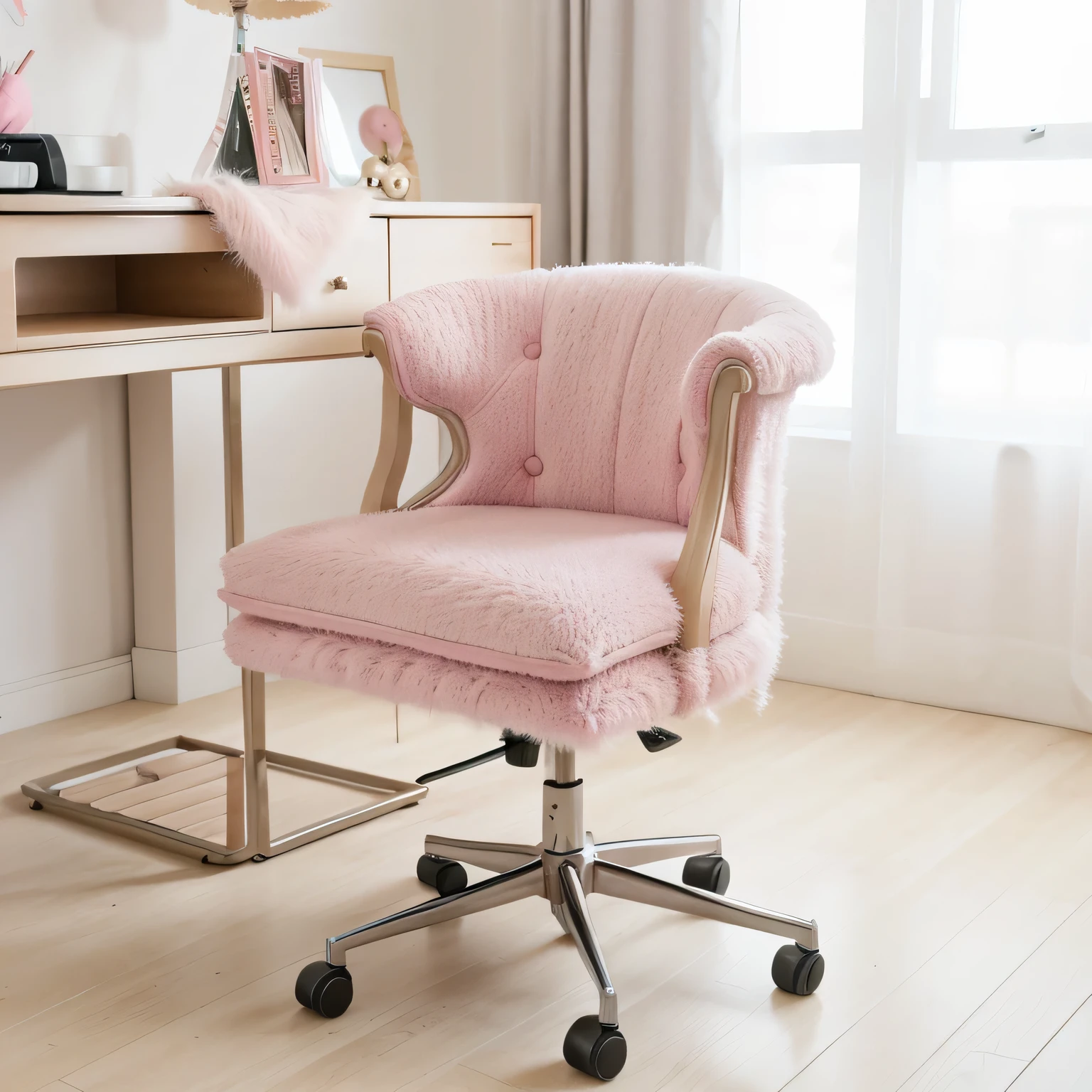 arafed chair with a pink fur on it in front of a desk, pink fluffy fur, pink fur, flowing fur, Sitting on a designer chair, Pastel fur, Fluffy style, plush furniture, photo shot, Delicate bun, with white fluffy fur, Designed for a cozy aesthetic!, light brown fur, Vintage style, chic, fluffy fluffy fur, synthetic fur, amber, mofu mofu, fluffy chair, pink fluffy chair.