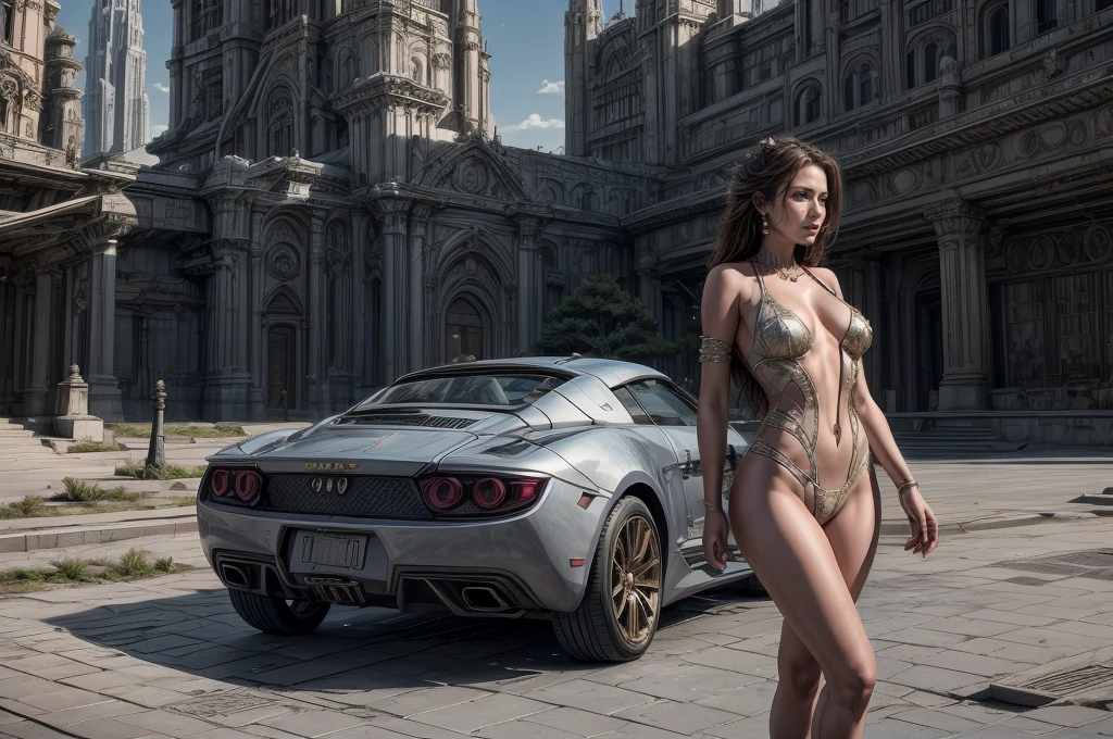 Incredible fantasy city, mega skyscrapers, flying cars, space elevator towers, Super Detail, trees, flowers, Many different buildings, spaceships in the sky, Ultra detail, many elements, blue and gold, yellow numbers on the towers, Character incredibly beautiful girl, posing in front of a car, full length, stands on the balcony, leash around the neck, , submission, disturbance, aggressive car shape, expensive convertible., Incredibly beautiful face, very detailed face, Detailed eyes, detailed hair, Expensive earrings, nipple piercing, diamonds, Emeralds, Rubies, turquoise, correct anatomy, Thin body, Super Detail тела, many small details of the dress, Incredible fantasy city, mega skyscrapers, flying cars, space elevator towers, Super Detail, trees, flowers, Many different buildings, spaceships in the sky, Ultra detail, many elements, blue and gold, yellow numbers on buildings, straight and smooth lines, Street, evening, A lot of cars, sharp lines, contrast, City River, water fall, trees по берегу, fault in the earth's square, deep crevice, You can't see the ground, Very high, helicopter landing pads, interceptor hangars, золотой автомобить, неоновая подсветка днища, цветы, много цветов яркого красного цвета, ретро автомобиль, винтажный автомобиль 1939 года, одета в белой майке, мокрая майка , дождь, мокрый асфальт